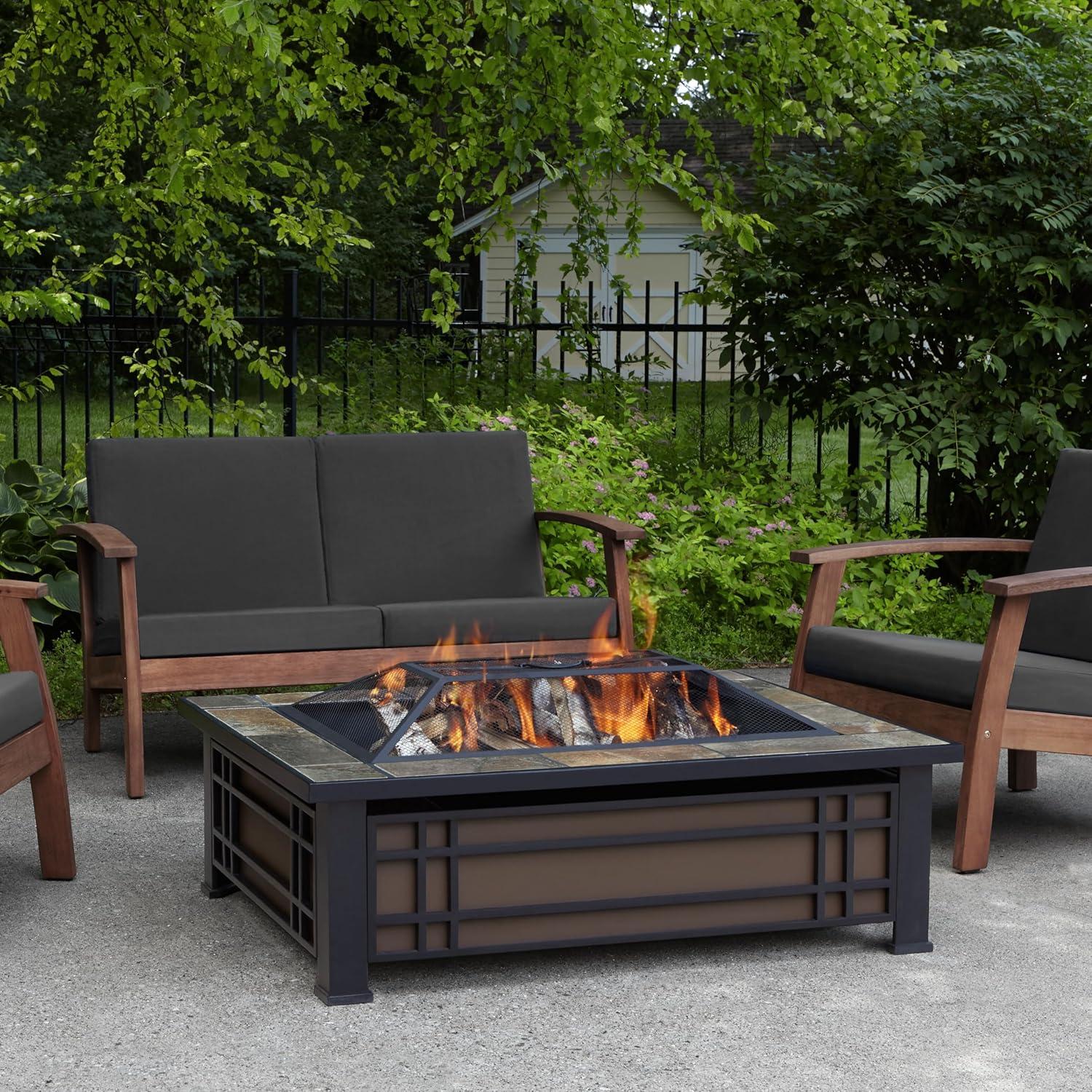 Hamilton Rectangle Wood Burning Fire Pit Brown - Real Flame: Slate Top, Mission Style Frame, Spark Screen & Cover