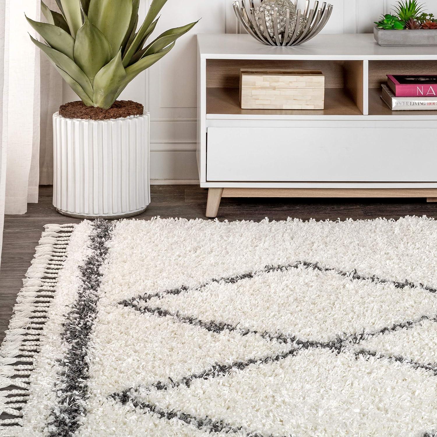 5'x8' Mercer Shag Plush Tassel Moroccan Geometric Trellis Area Rug, Cream/Grey - JONATHAN Y
