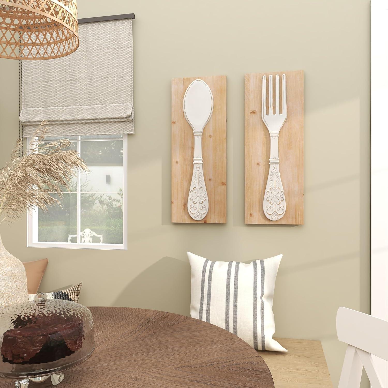 DecMode Brown Wooden Utensils Wall Decor with Carved White Floral Designs (2 Count)