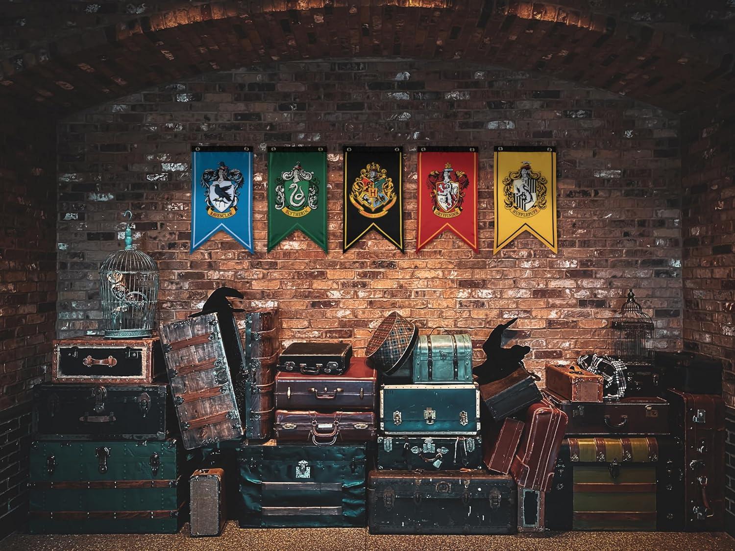 Conquest Journals Harry Potter Wizarding House Banner Flag Set, 12'' x 20'' Polyester Flags, Set of 5 Includes Hogwarts Crest, Gryffindor, Slytherin, Ravenclaw & Hufflepuff Banners, Birthday Party