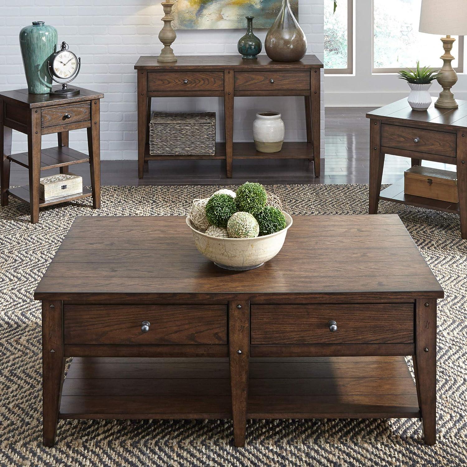 Rustic Brown Oak Rectangular Lift-Top Coffee Table with Storage