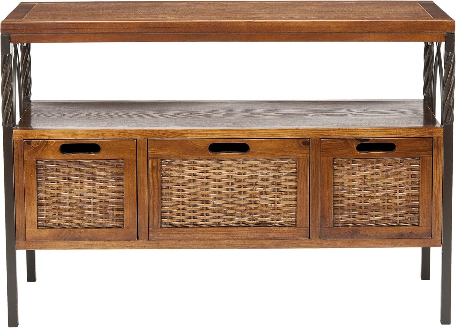 Transitional Joshua 3-Drawer White Media Console with Wicker Accents