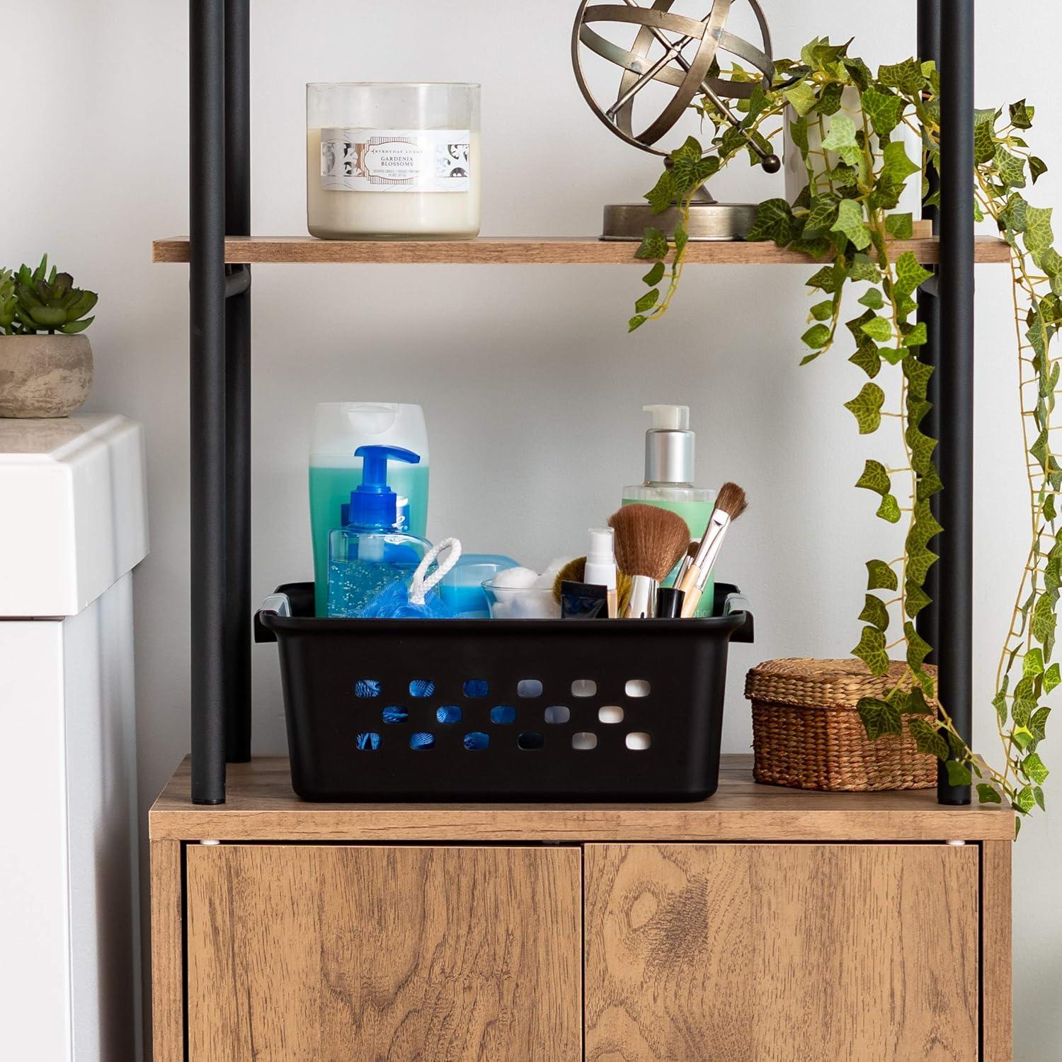 IRIS USA Small Plastic Storage Basket, 12-Pack, Shelf Basket Organizer for Pantries Kitchens Cabinets Bedrooms, Black