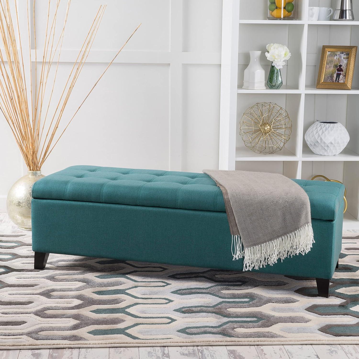 GDF Studio Wendover Contemporary Fabric Tufted Storage Ottoman Bench, Dark Teal and Dark Brown