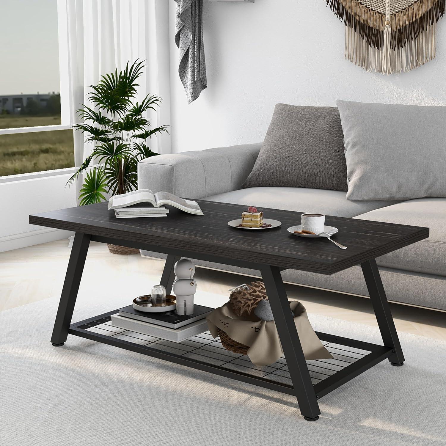 Charcoal Black 2-Tier Industrial Wood and Metal Coffee Table