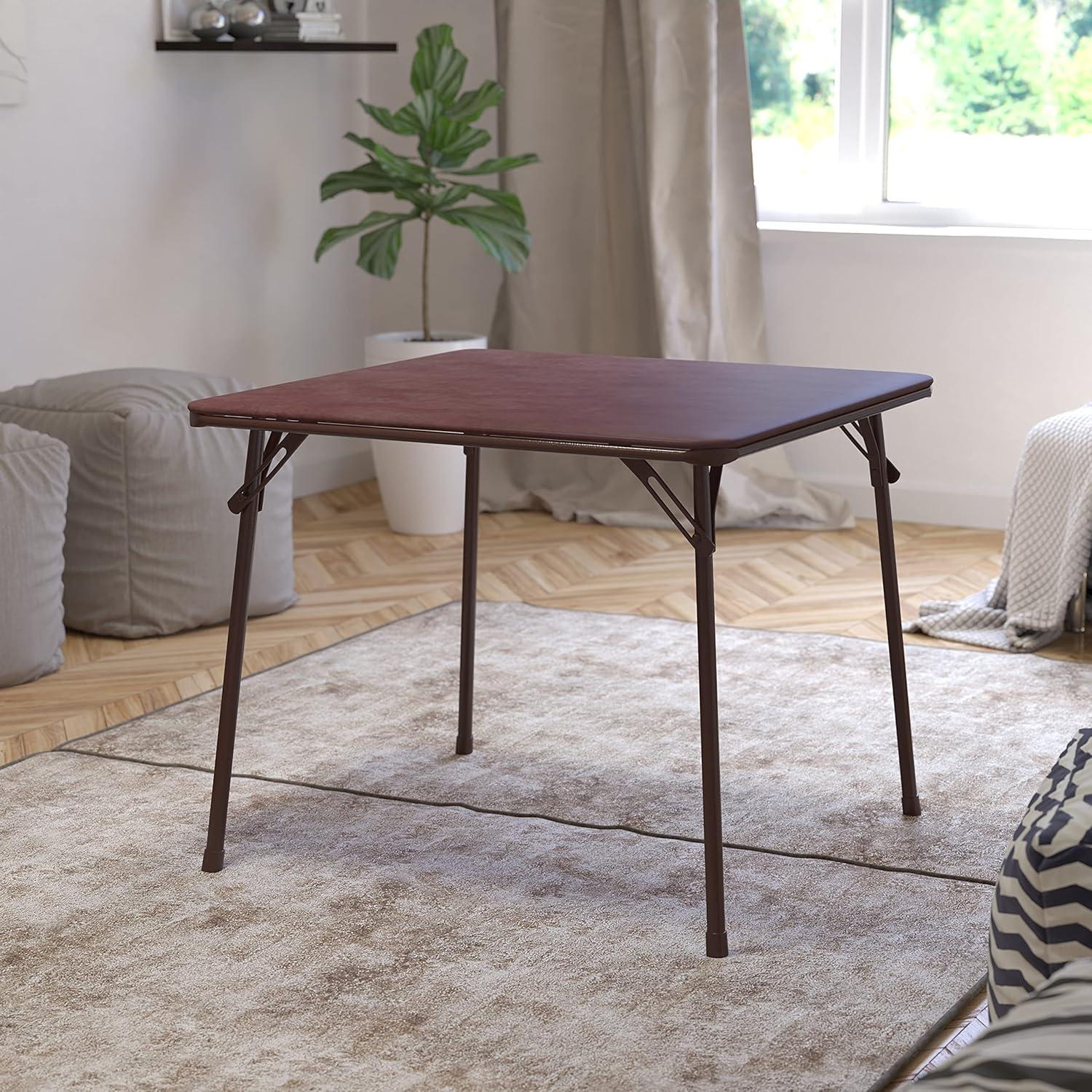 Brown Vinyl Square Folding Card Table with Metal Legs