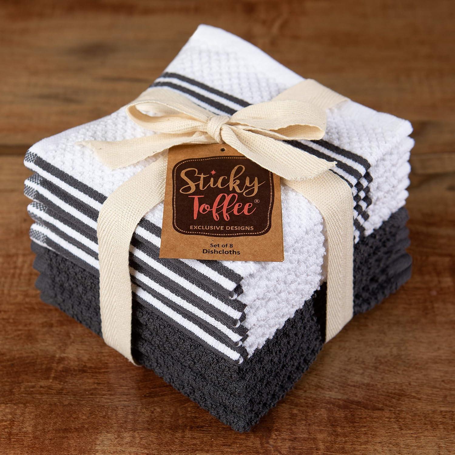 Sticky Toffee Kitchen Dishcloths Towels 100% Cotton, Set of 8, Gray and White Dish Cloth Towels, 12 in x 12 in