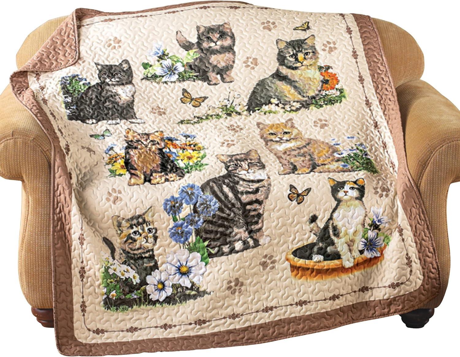 Collections Etc Quilted Charming Cat Collage Throw 60" x 50" x 0.14" Brown