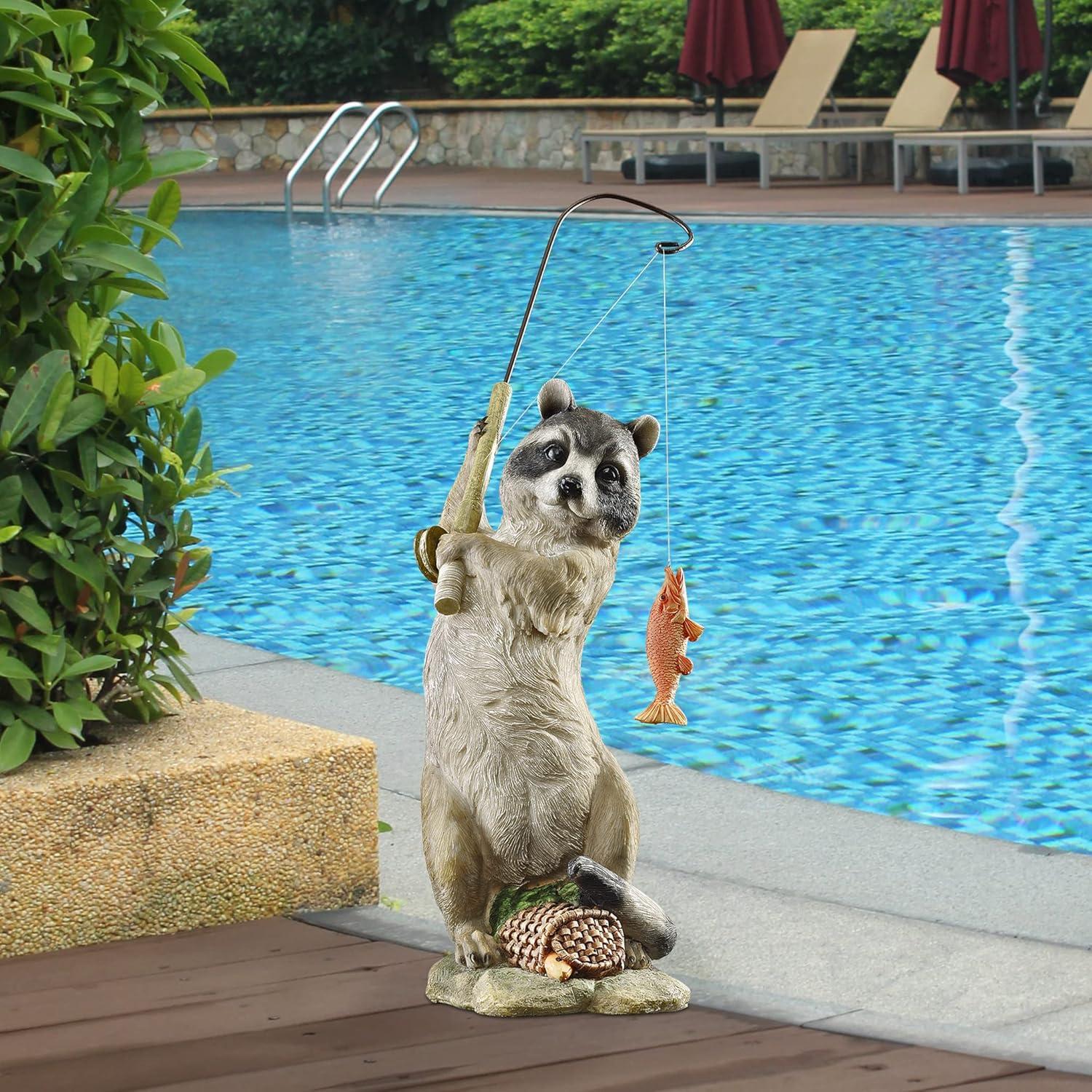 Hand-Painted Resin Raccoon Fisherman Statue with Wicker Basket