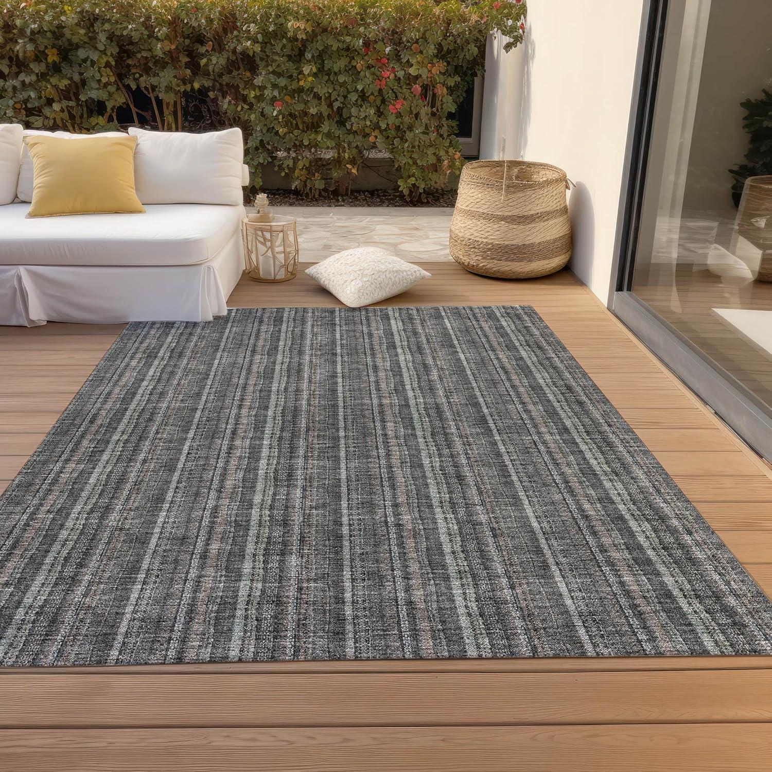 Gray Striped Indoor Outdoor Machine-Washable Area Rug