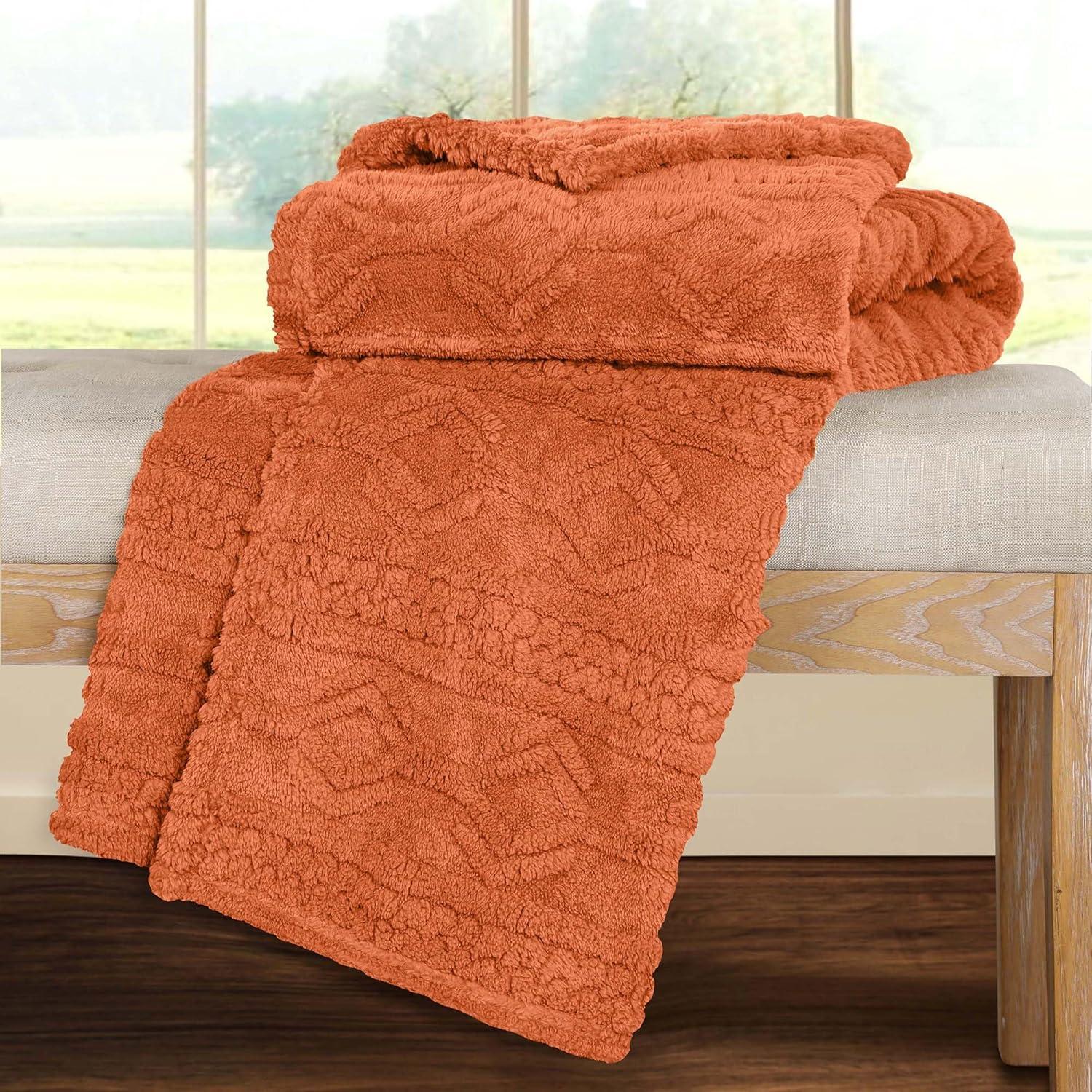 Superior Arctic Fleece Boho Knit Jacquard Blanket, Throw XL, Dusty Orange