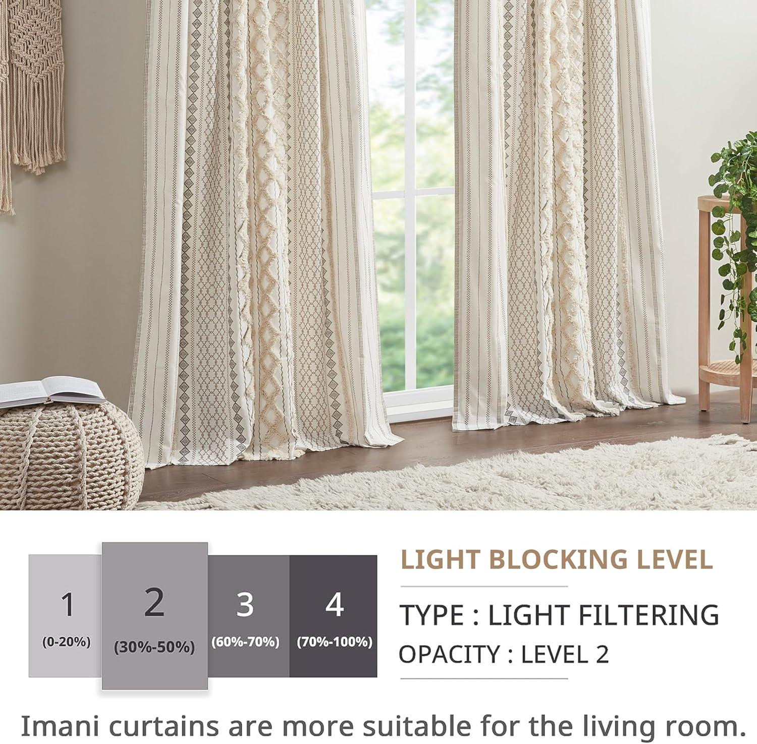 INK+IVY Imani Cotton Printed Curtain Panel with Chenille Stripe and Lining, Ivory, 50x95"