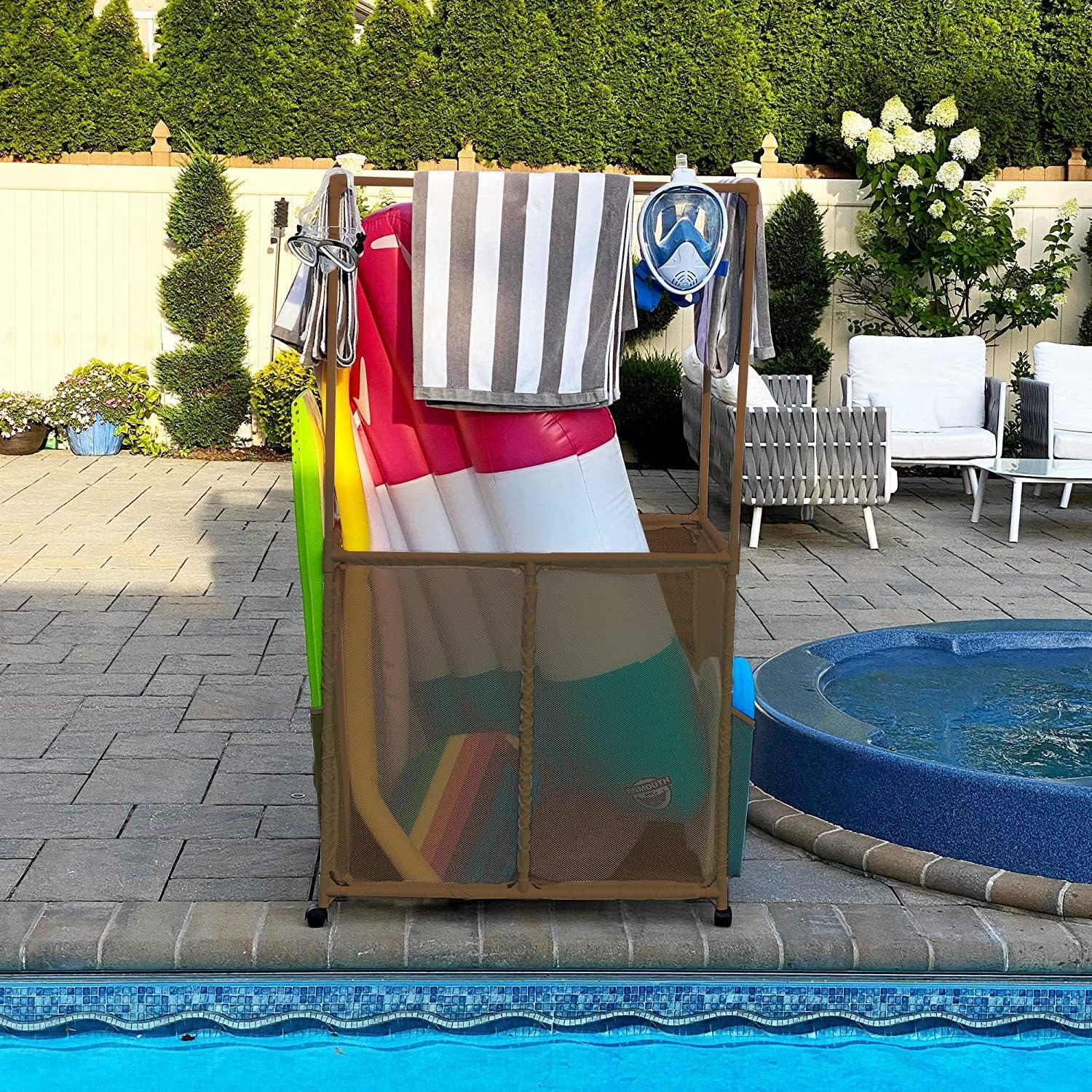 Essentially Yours Pool Equipment Holder with Towel Drying Bars, Mesh Rolling Double Decker Multi Use Storage Organizer Bin, Extra Large with Towel Hanger, (34.5" W x 25" L x 62.6" H), Brown Style 4185