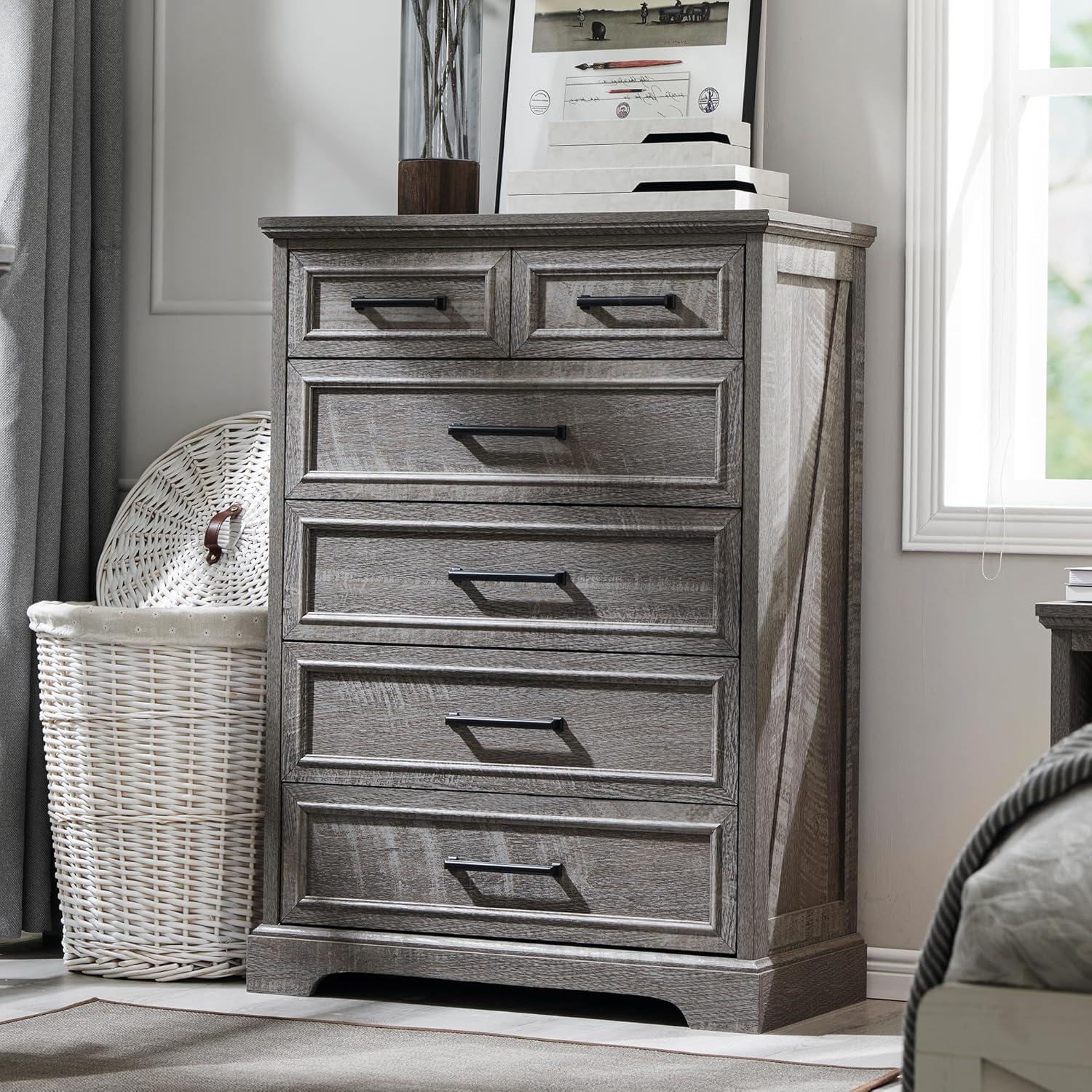 6 Drawer Dresser, Farmhouse Chest of Drawers for Bedroom, 44" Tall Kids Dresser with Large Metal Handles, Wood Drawer Organizer for Living Room, Hallway, Closet - Grey