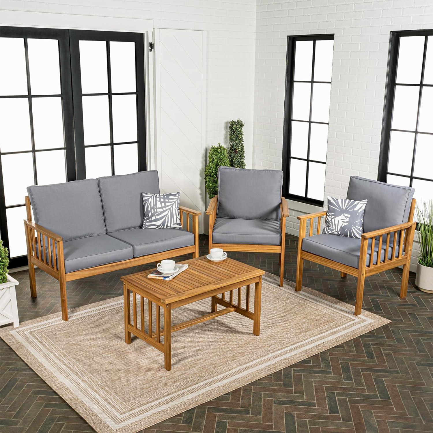 Everly 4-Piece Modern Cottage Acacia Wood Outdoor Patio Set with Cushions and Tropical Decorative Pillows, Gray/Teak Brown - JONATHAN Y