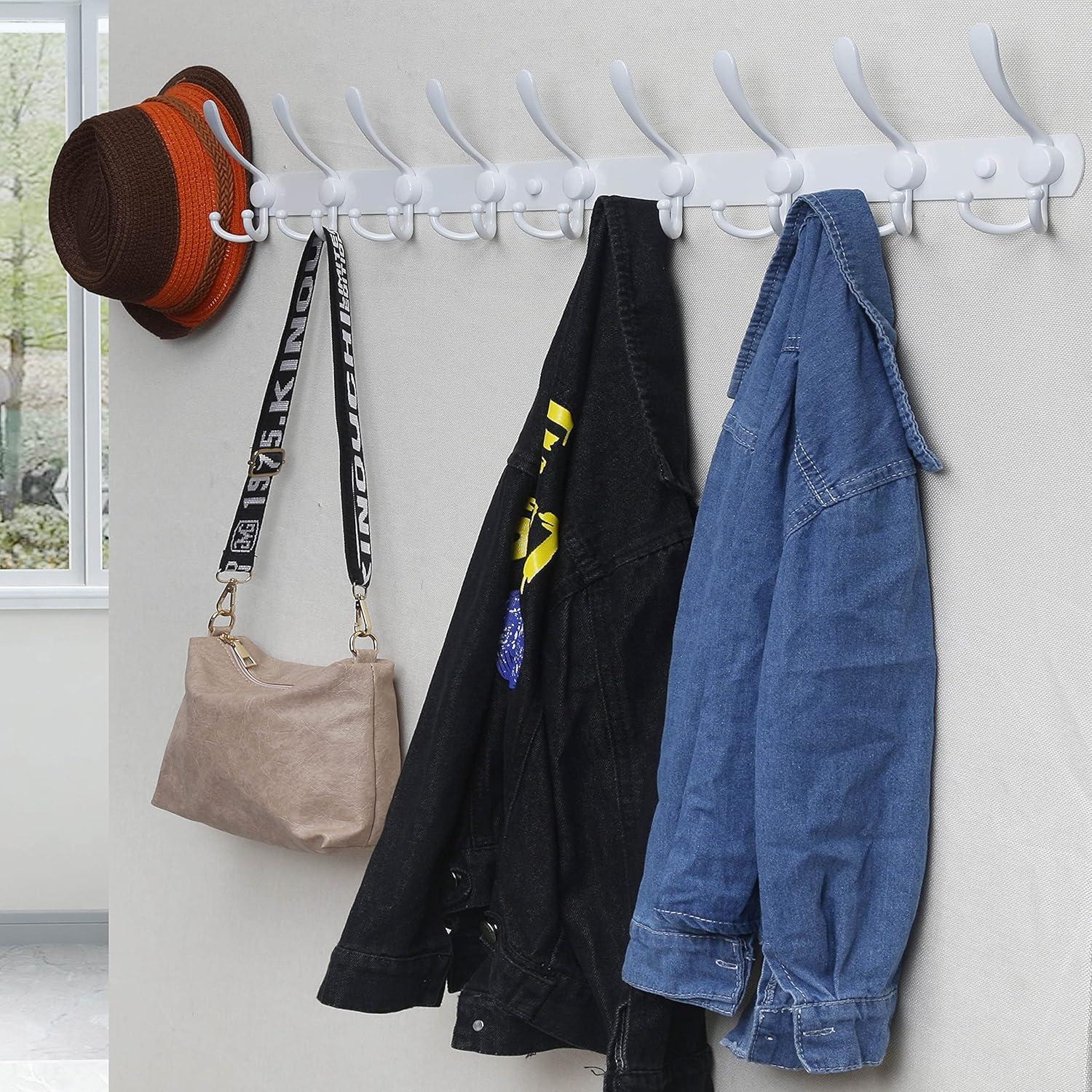Dseap Coat Rack Wall Mount - 38” Long 10-Tri-Hooks Heavy Duty Coat Hanger Rail Wall Hooks for Hanging Coats Hats Clothing Clothes Purse Mudroom Entryway, White