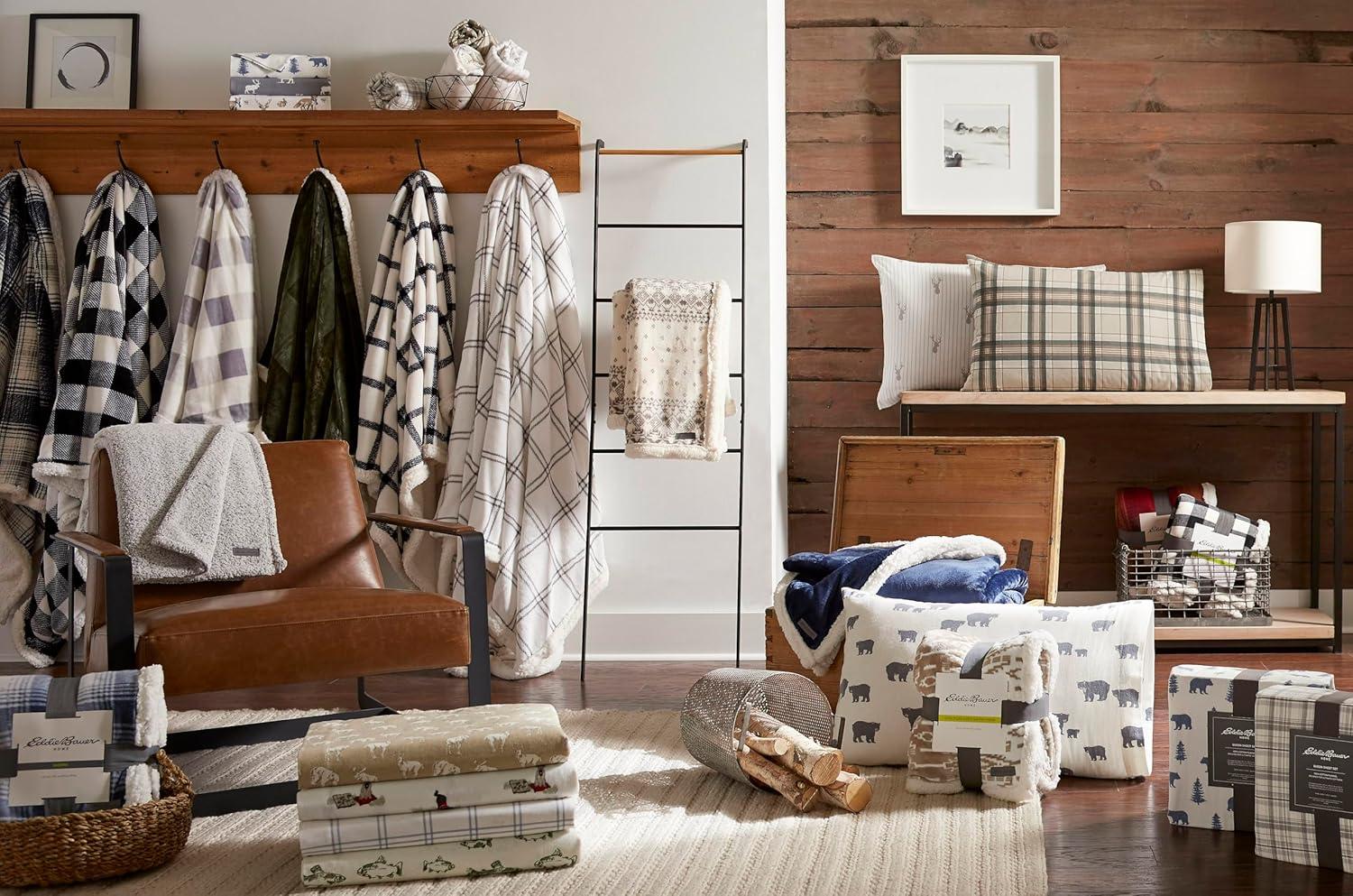 50"x60" Cabin Plaid Reversible Throw Blanket Black/White - Eddie Bauer: Soft, Lightweight, Ideal for Travel