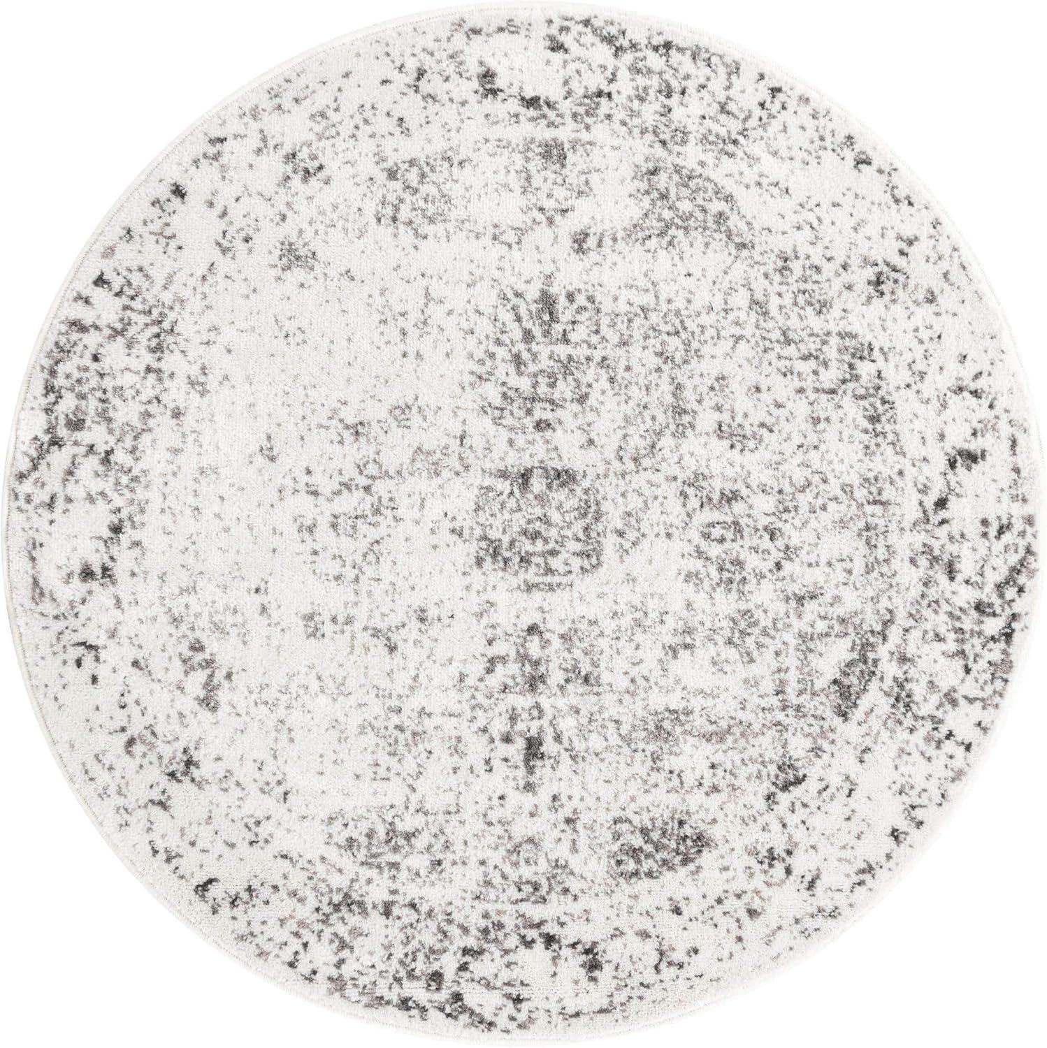 Gray and White Round Floral Synthetic Area Rug