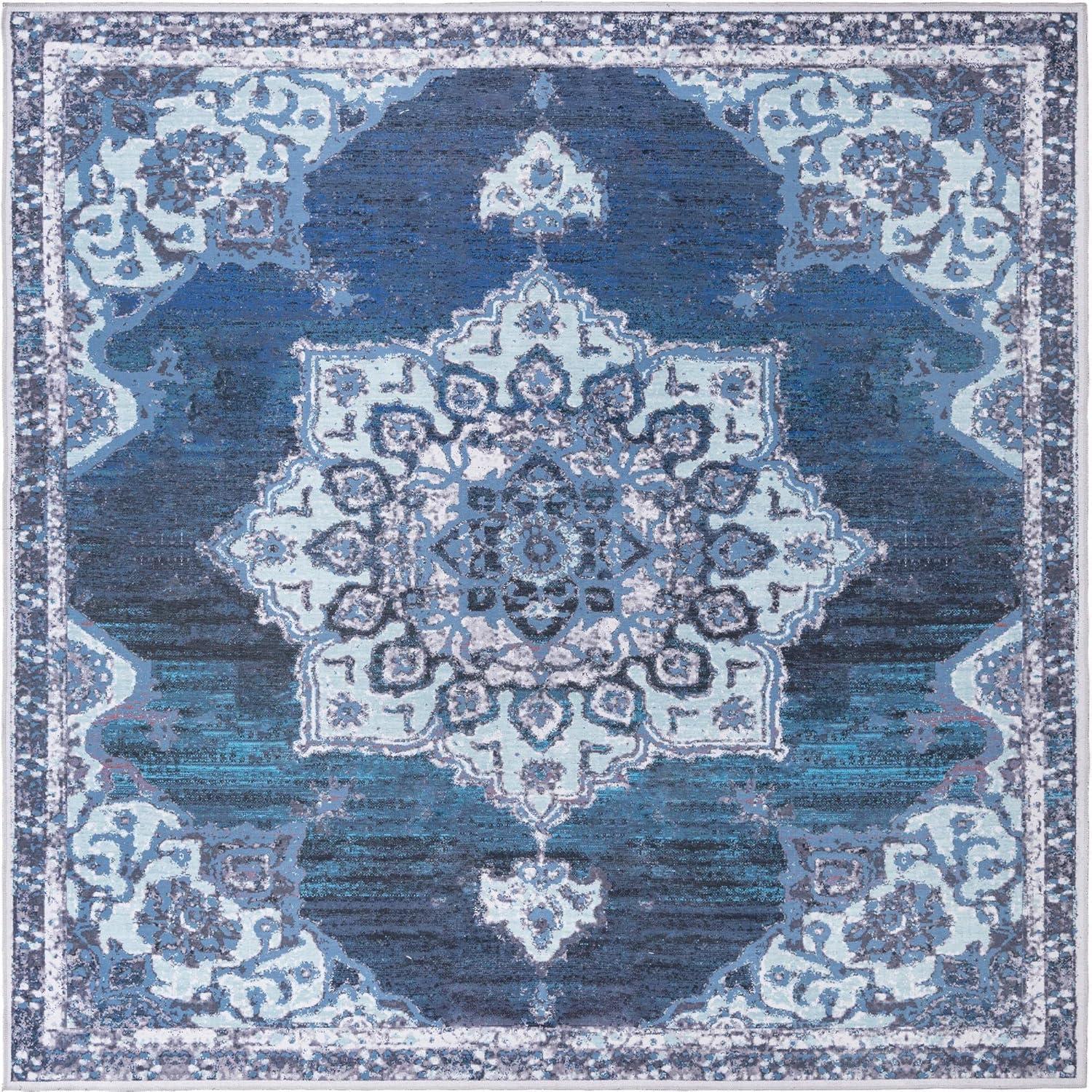 Navy Blue Medallion Synthetic Washable Square Rug