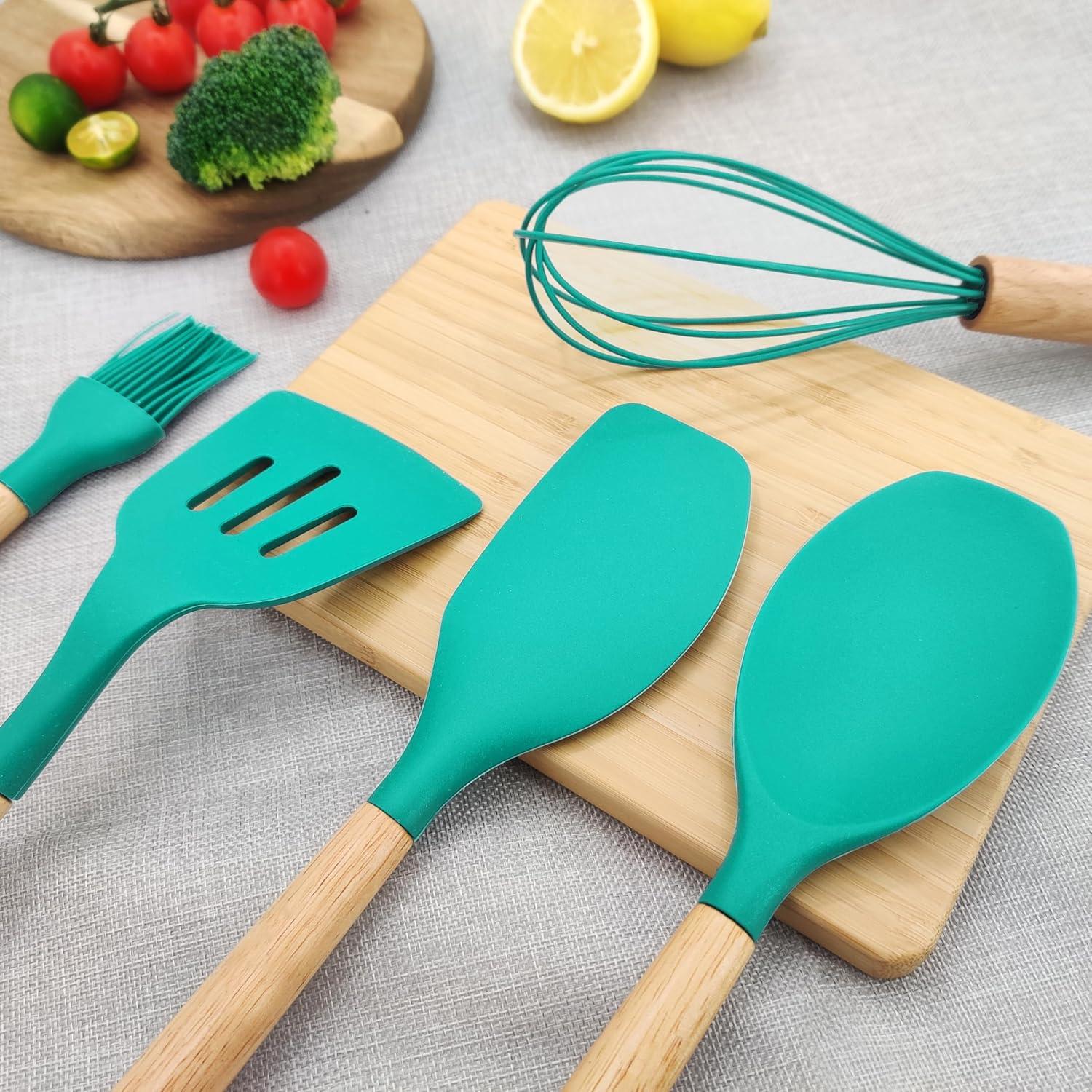 AUMIY   Cooking Utensil Set 12 Pcs Silicone Kitchen Utensils Set Silicone Spatula Set Wooden Utensil Set Silicone Utensils For Cooking