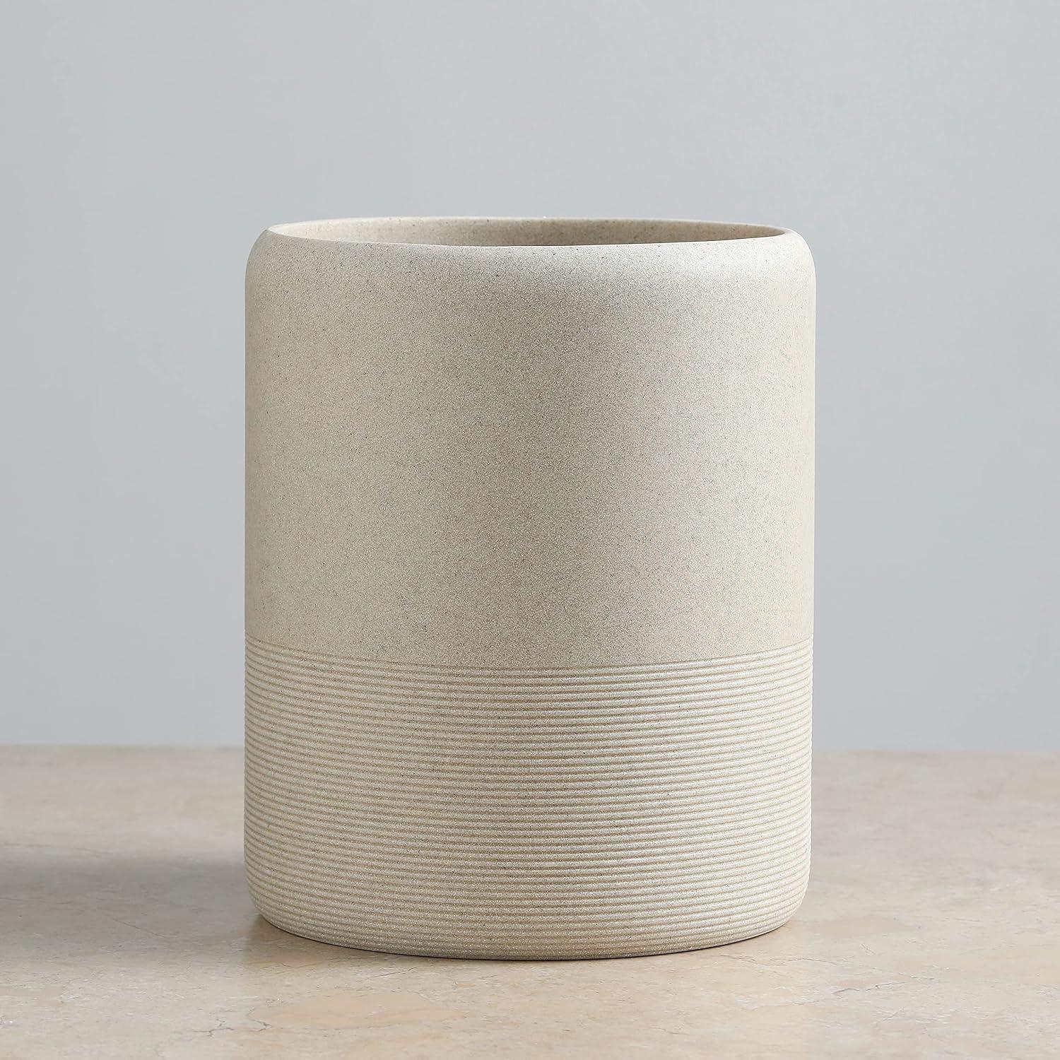 Beige Polyresin Marble Look Round Wastebasket