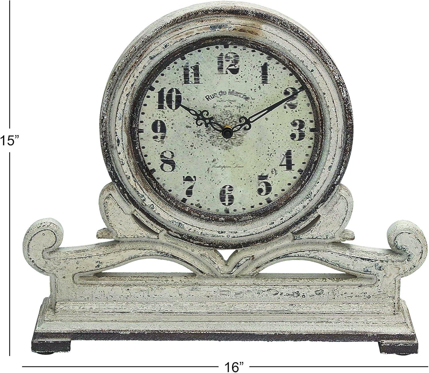 15'' Distressed White Wood Scroll Mantel Clock