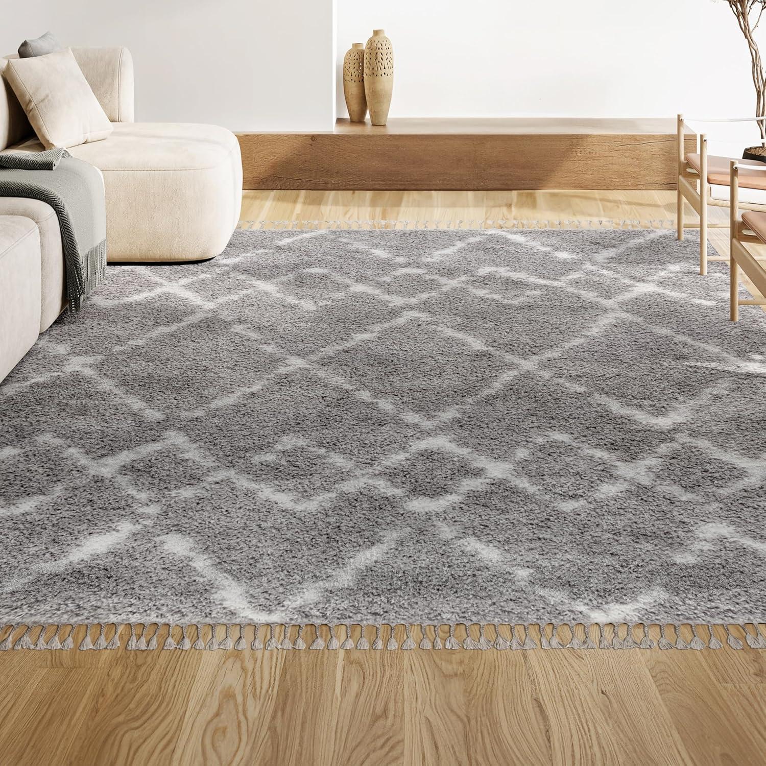 3'x5' Mercer Shag Plush Tassel Moroccan Geometric Trellis Area Rug, Grey/Cream - JONATHAN Y