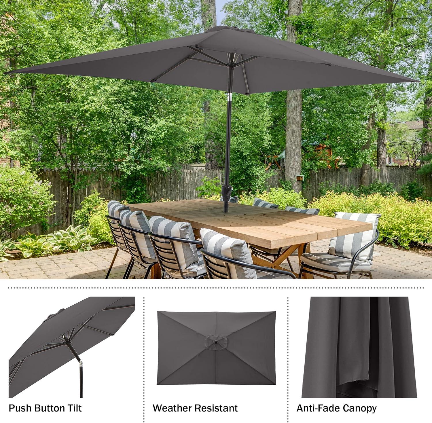 Rectangular Patio Umbrella - 10 Ft Easy Crank Sun Shade with Push Button Tilt for Outdoor Furniture, Deck, Backyard, or Pool by Pure Garden (Gray)