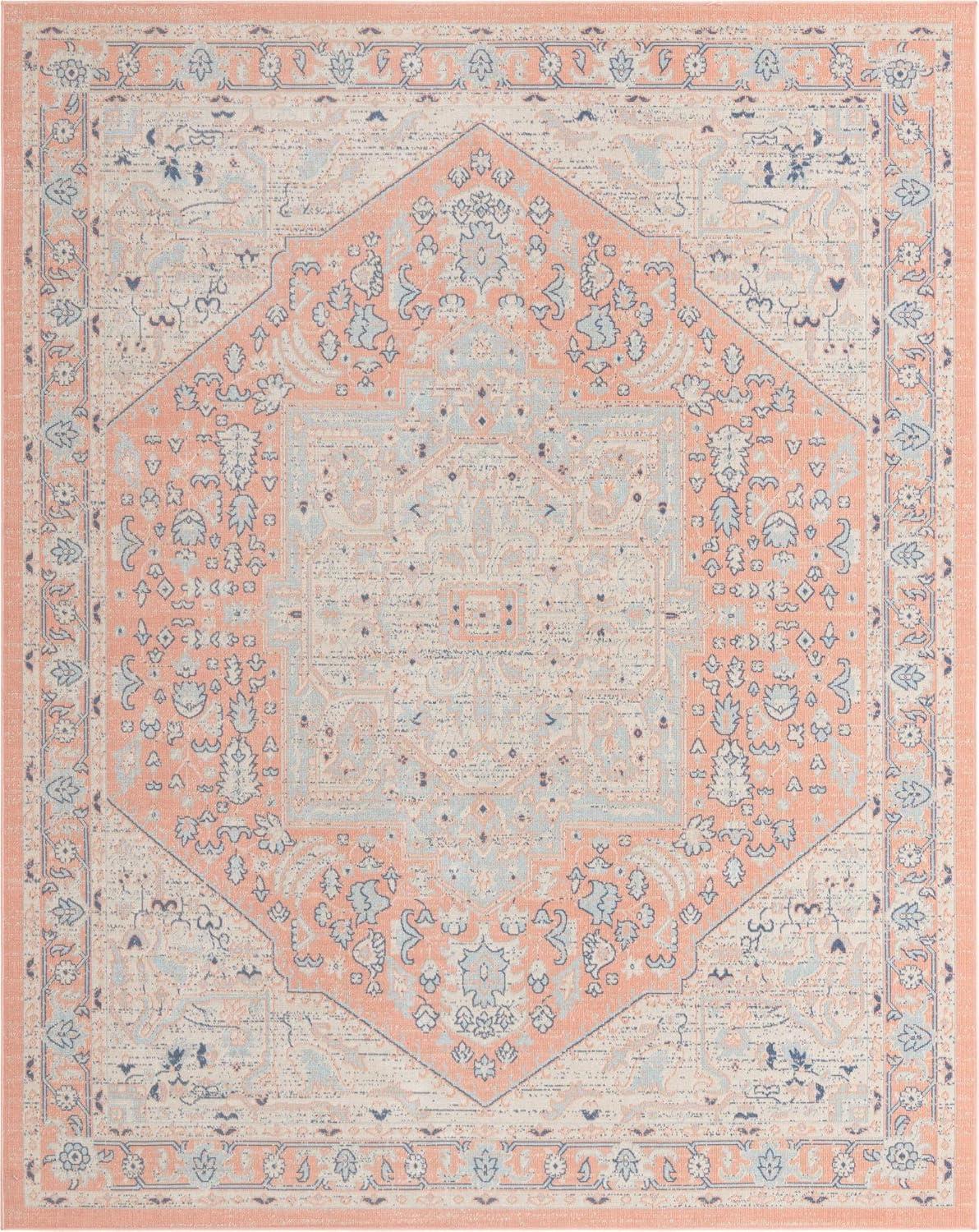 Powder Pink Medallion Synthetic Easy-Care Round Rug