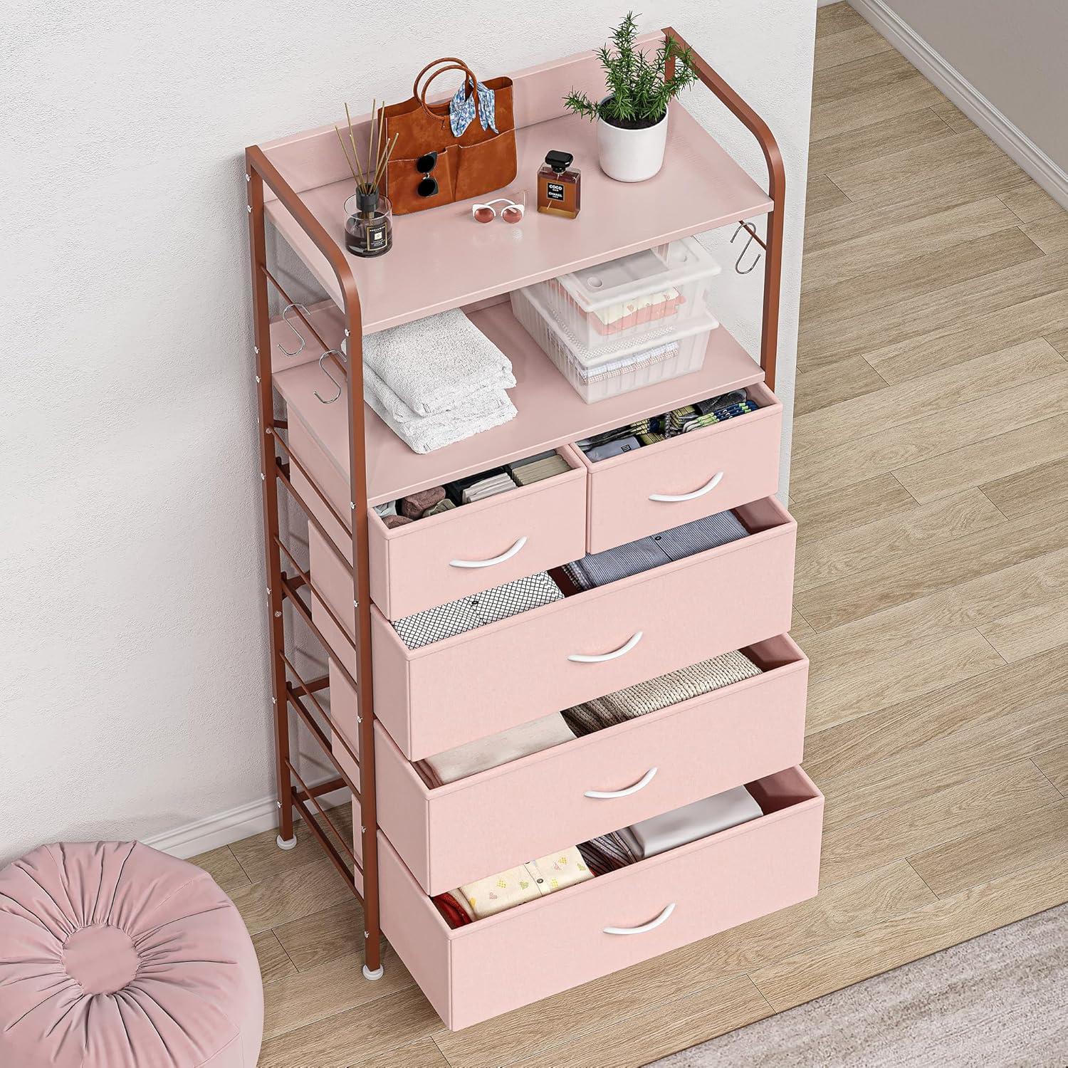 2024 New 5 Drawers Fabric Dresser Storage Drawers, Tall Dresser with Sturdy Frame&Wooden Top, Organizer Unit for Closet, Living Room, Entryway, Hallway