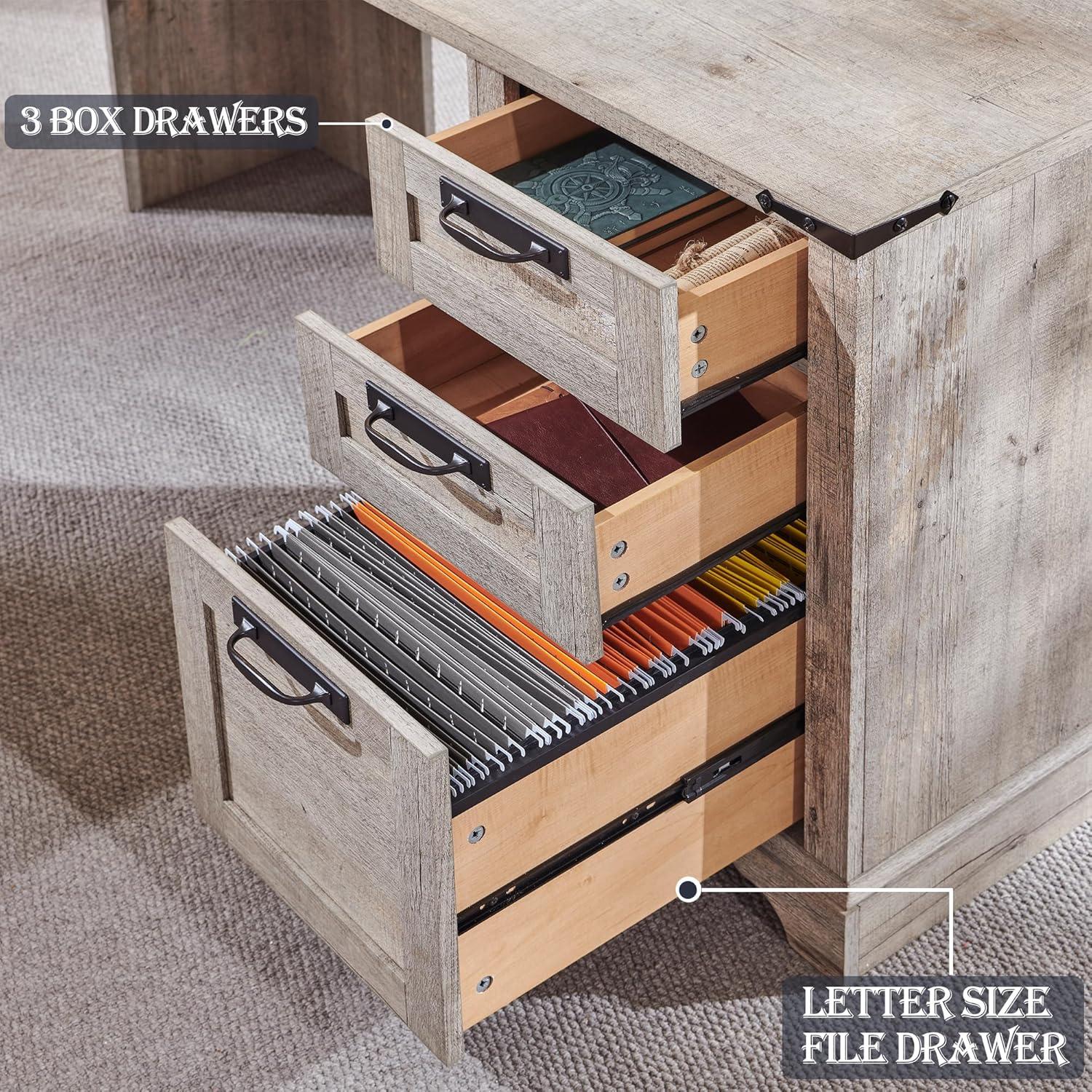 RedLemon 60" Farmhouse L Shaped Desk with Drawers, Wood Home Office Corner Executive Desk with Charging Station, File Drawer, Storage Cabinet, Rustic Computer Writing Desk (Light Rustic Oak)