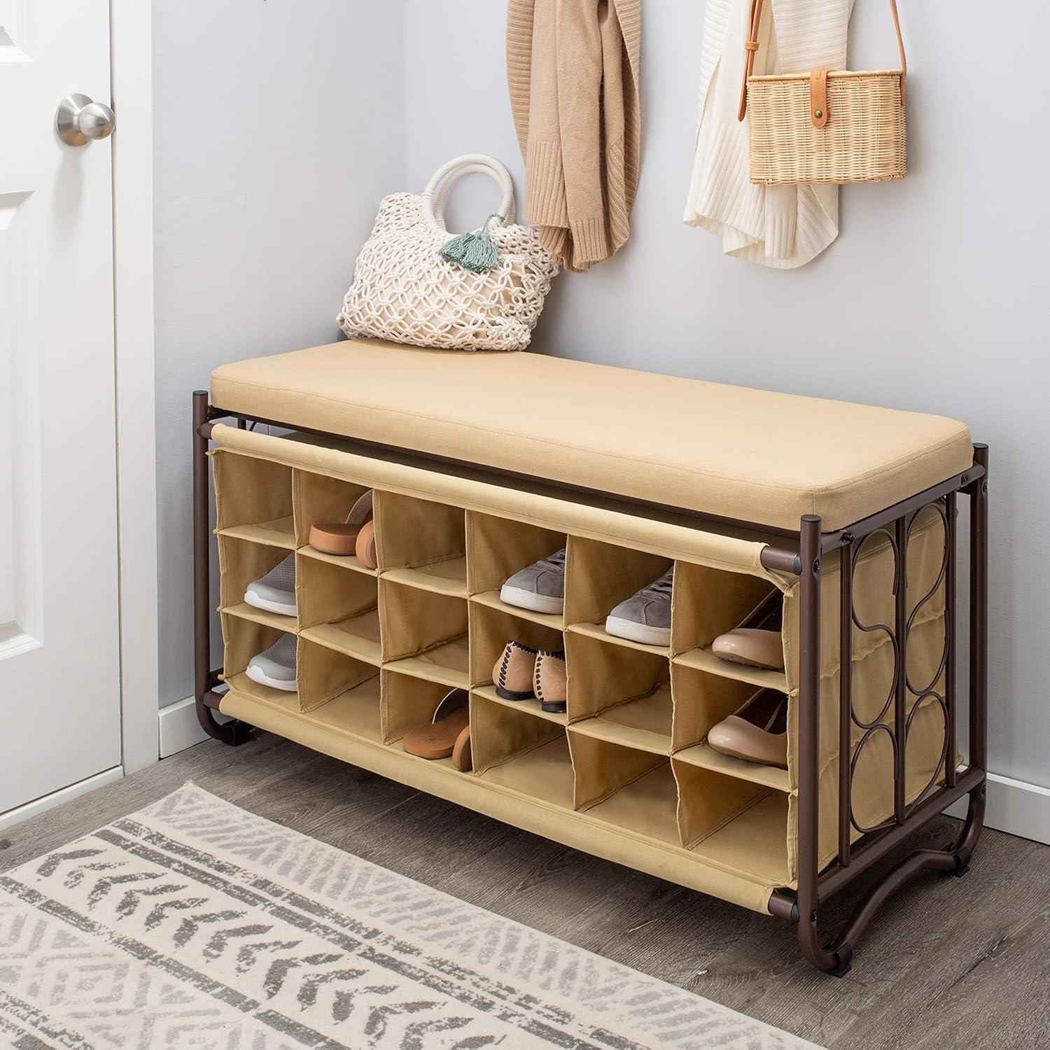 Industrial Beige and Bronze Shoe Storage Bench with 18 Cubbies