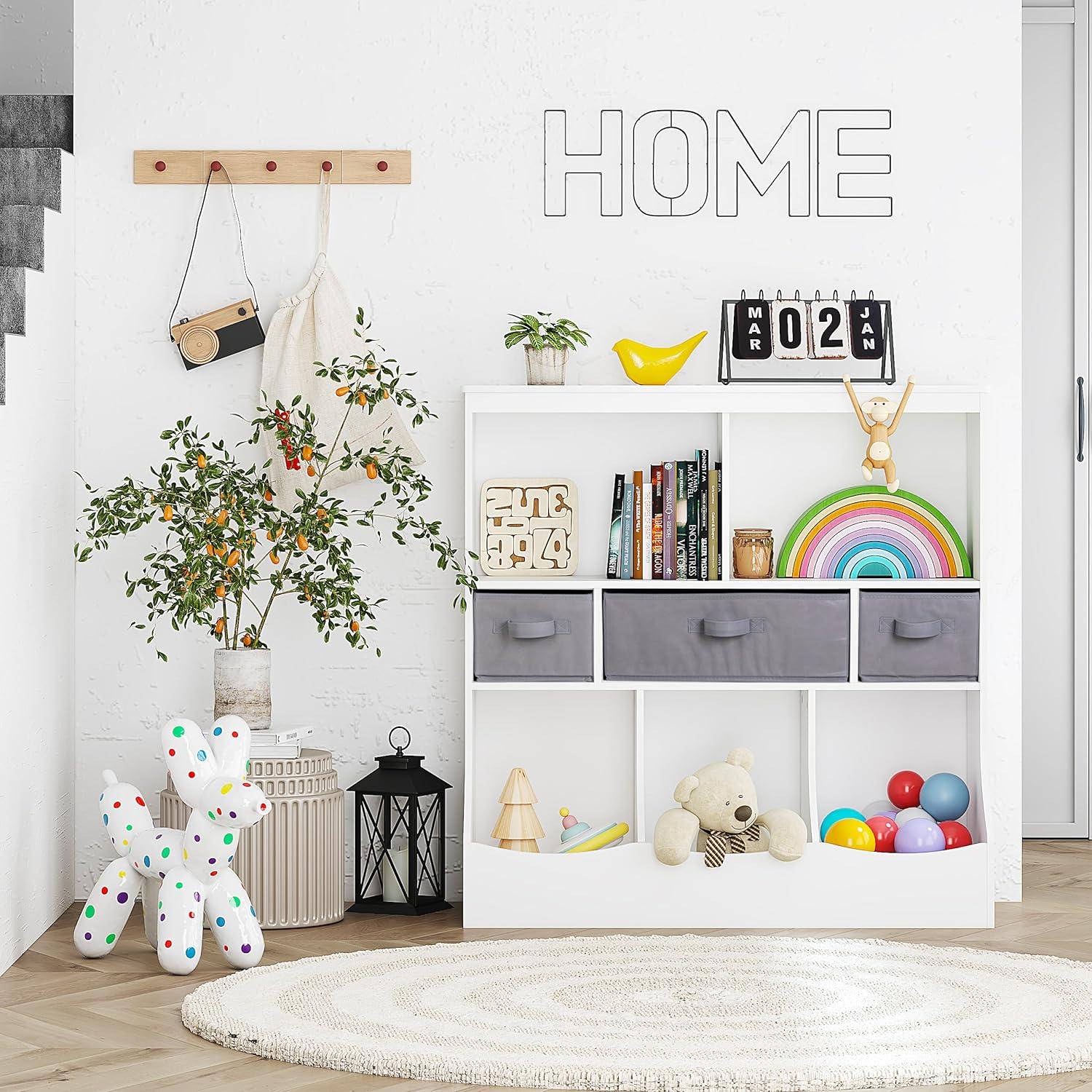 White Wood Kids Toy Storage Organizer with Cubes and Baskets