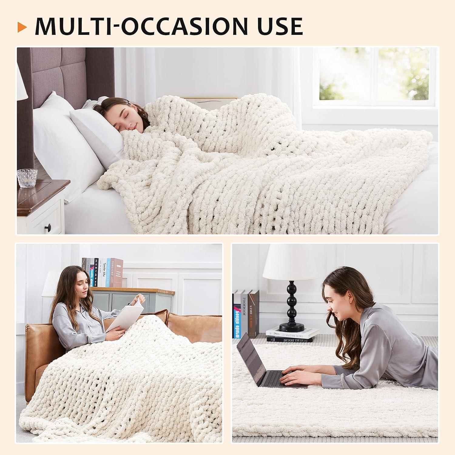 Soft Off-White Chenille Knitted Throw Blanket 60x80