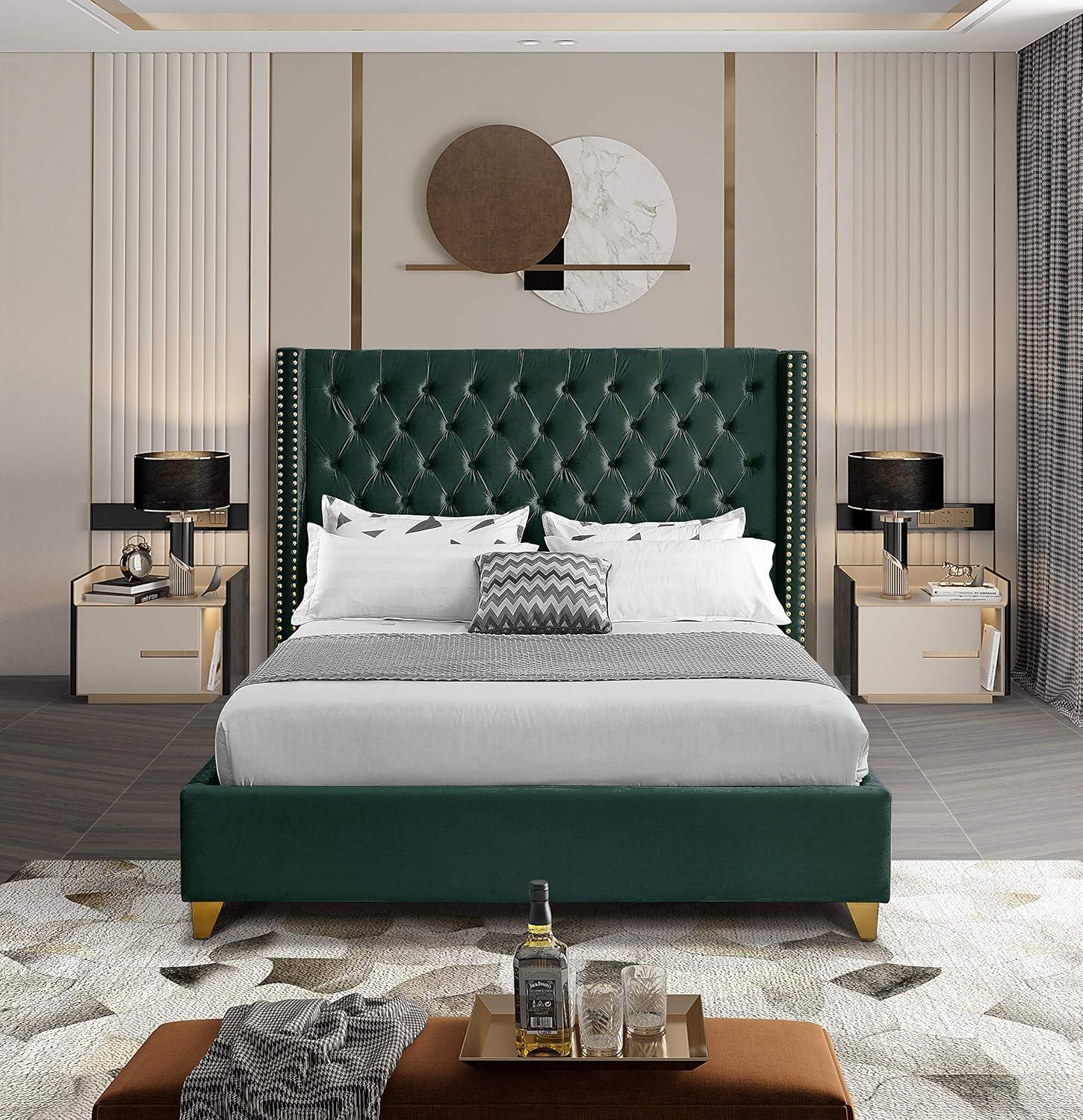 Meridian Furniture Barolo Green Velvet Full Bed