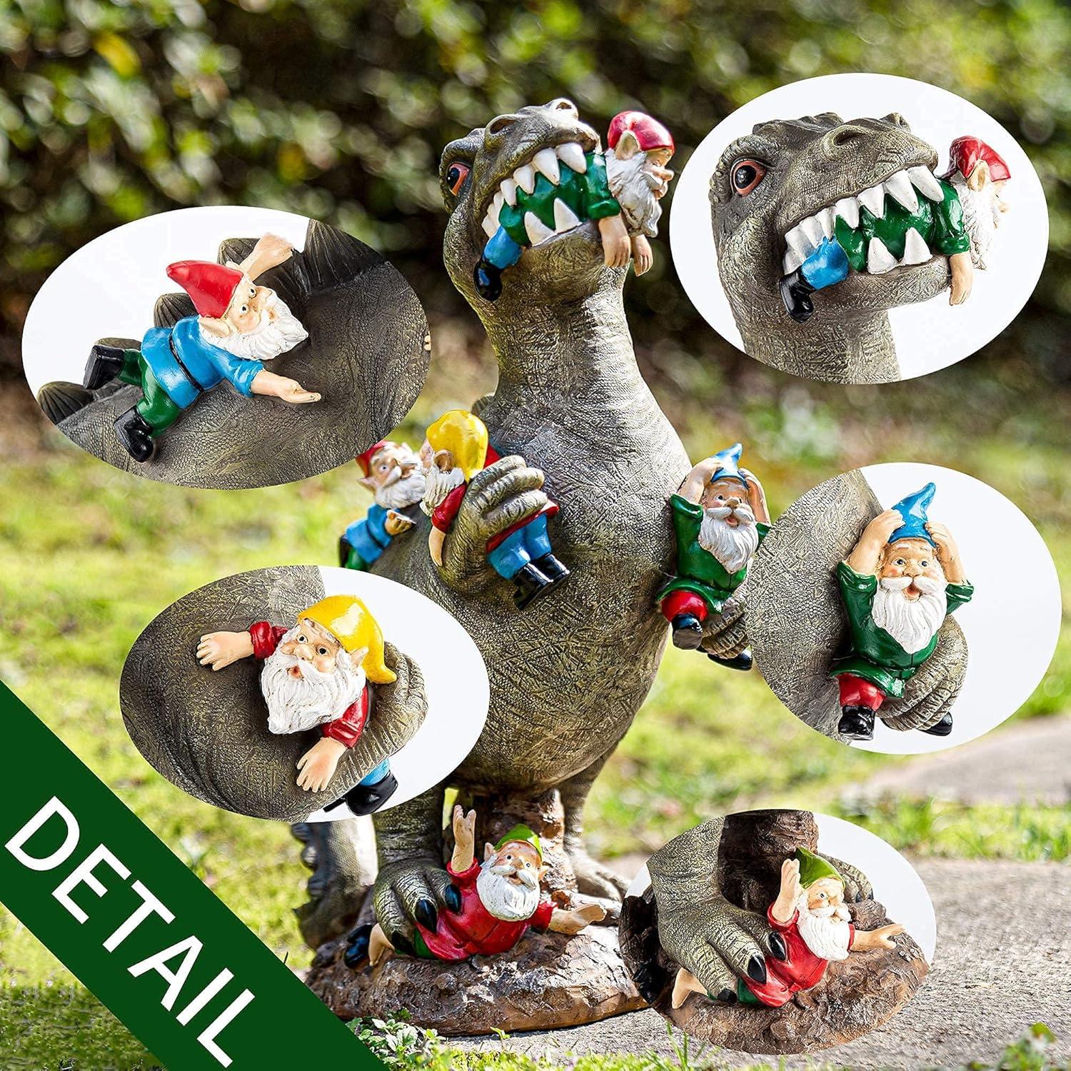 14" Dinosaur and Gnomes Weatherproof Garden Statue