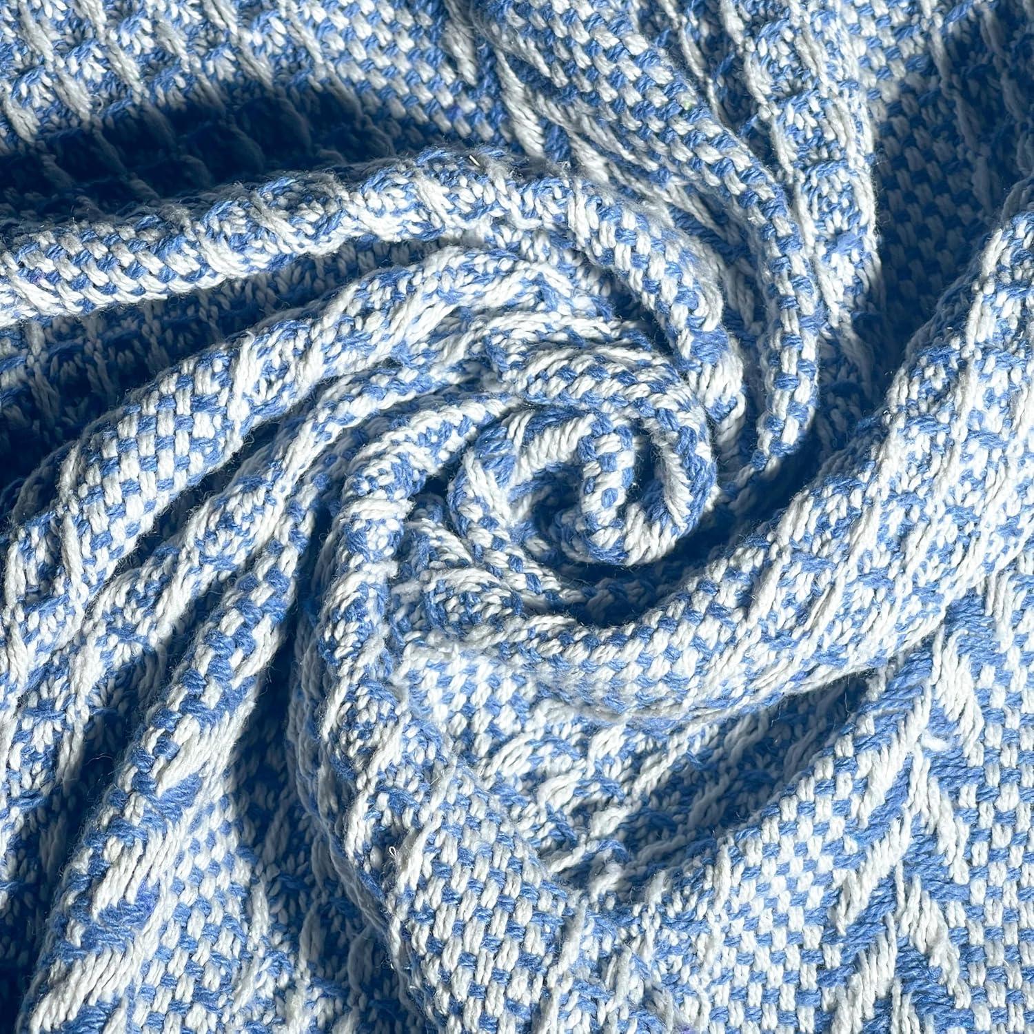 Sky Blue and White Braided Waffle Weave Cotton Throw Blanket