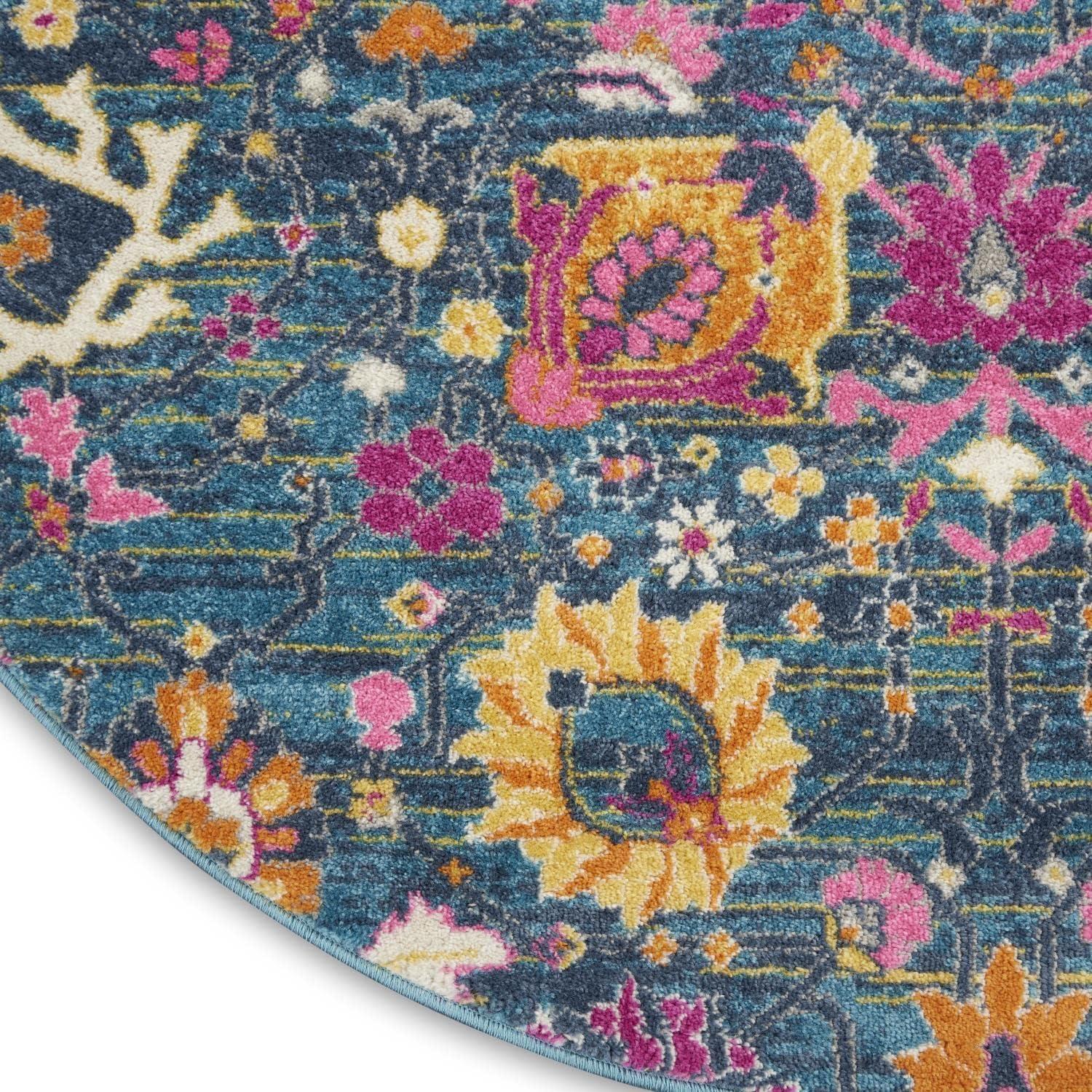 Denim Blue Floral Round Synthetic Area Rug 5'3"