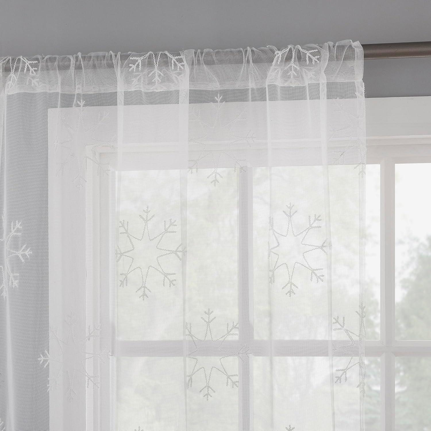 No. 918 Holiday Snowflake 1-Piece Embroidery Sheer Rod Pocket Curtain Panel, 36"x63", White