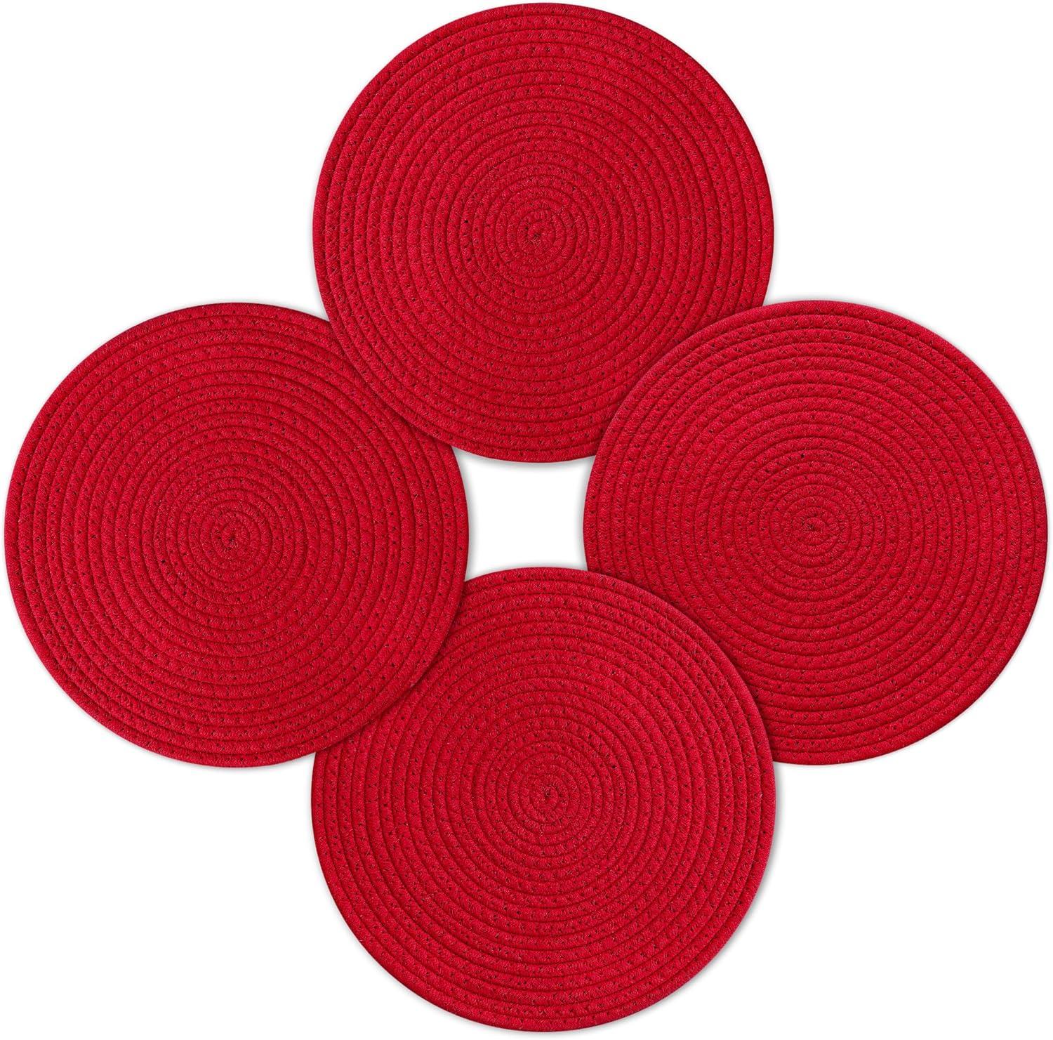 Coolmade Round Rop Cotton Braided Table Place Mats Braided Coaster Placemas Non-Slip Table Mats Set of 4 for Dining Kitchen Table Washable 15 inch