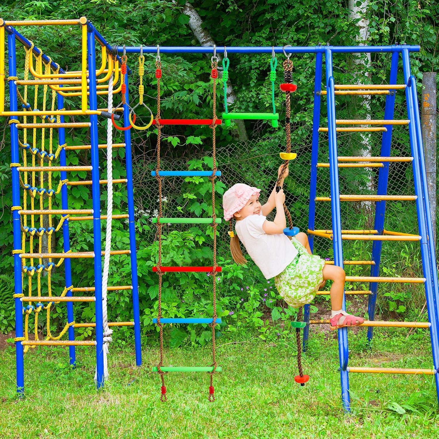 Ninja Warrior Obstacle Course Kit for Kids Ninja Slackline with 10 Accessories Monkey Bars, Ladder, Climbing Rope, Gym Rings, Swing, Monkey Fist for Backyard Training Equipment