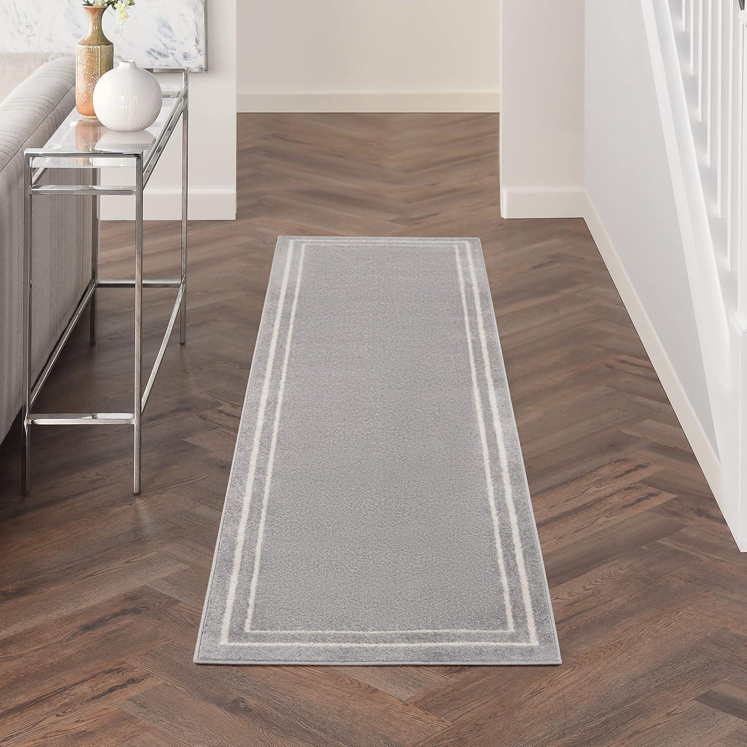 Nourison Essentials 2' x 6' Grey/Ivory Contemporary Bordered Indoor/Outdoor Area Rug