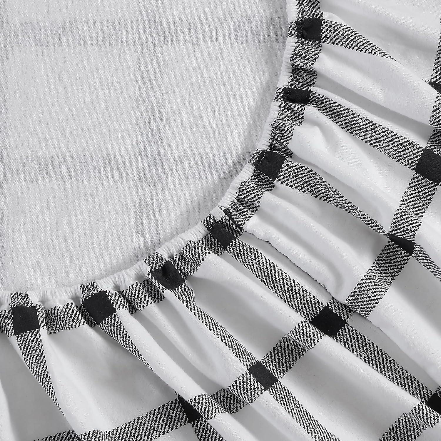 Queen White and Gray Plaid Cotton Flannel Sheet Set