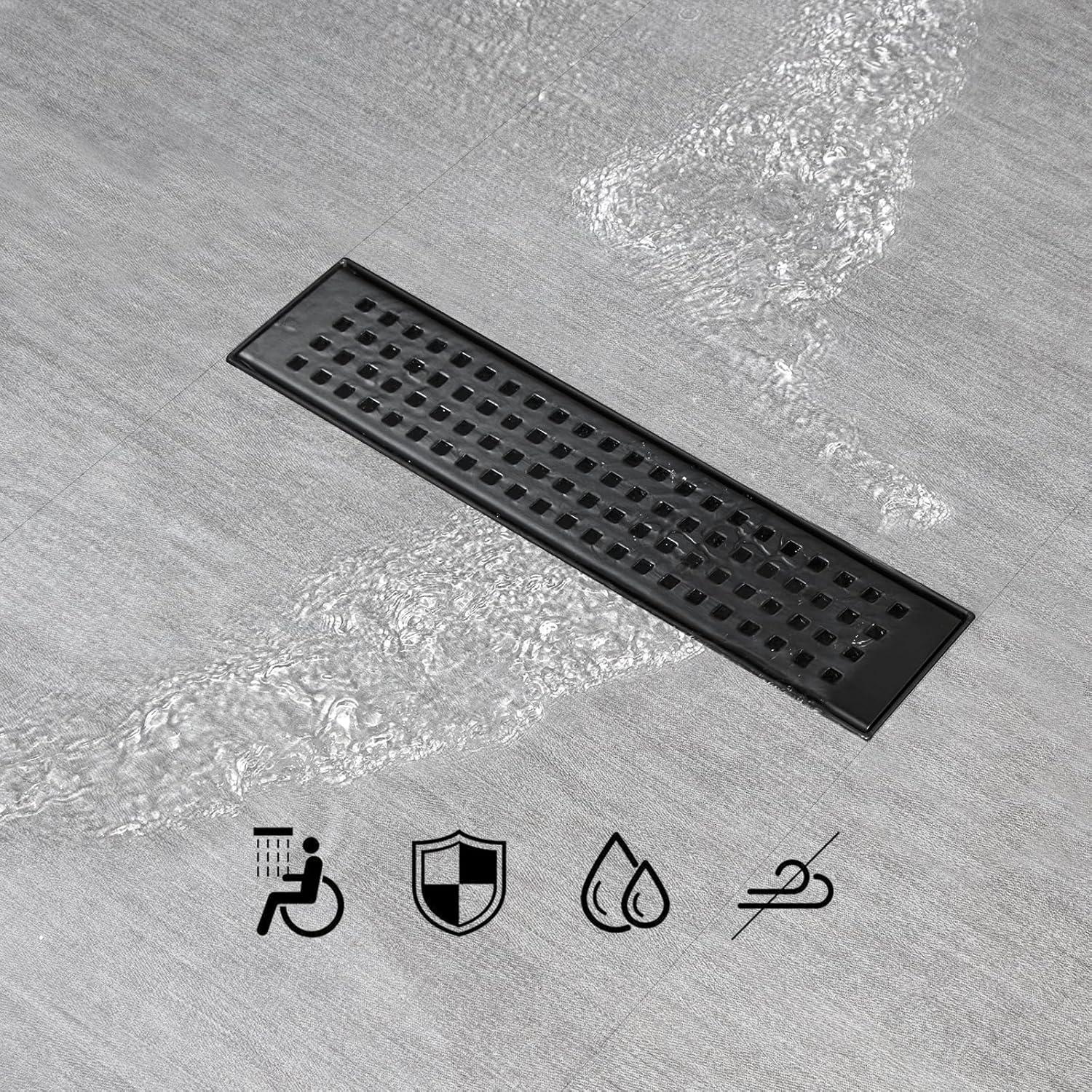 Black Shower Drain, Linear Shower Drain 12 Inch with Square Hole Panel, Matte Black Linear Drain with Hair Strainer and Leveling Feet