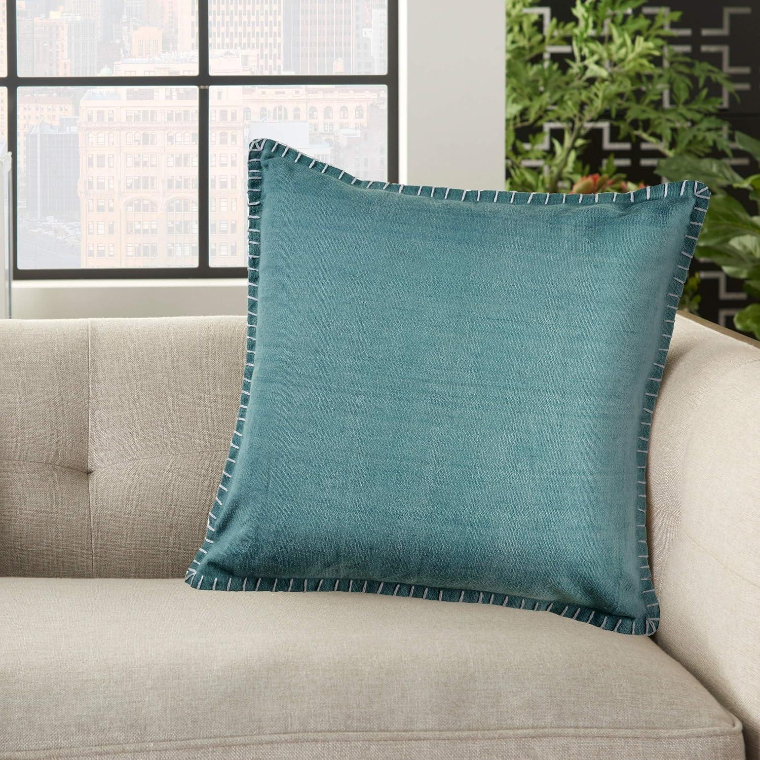 Teal Hand-Woven Organic Cotton Embroidered Pillow Cover