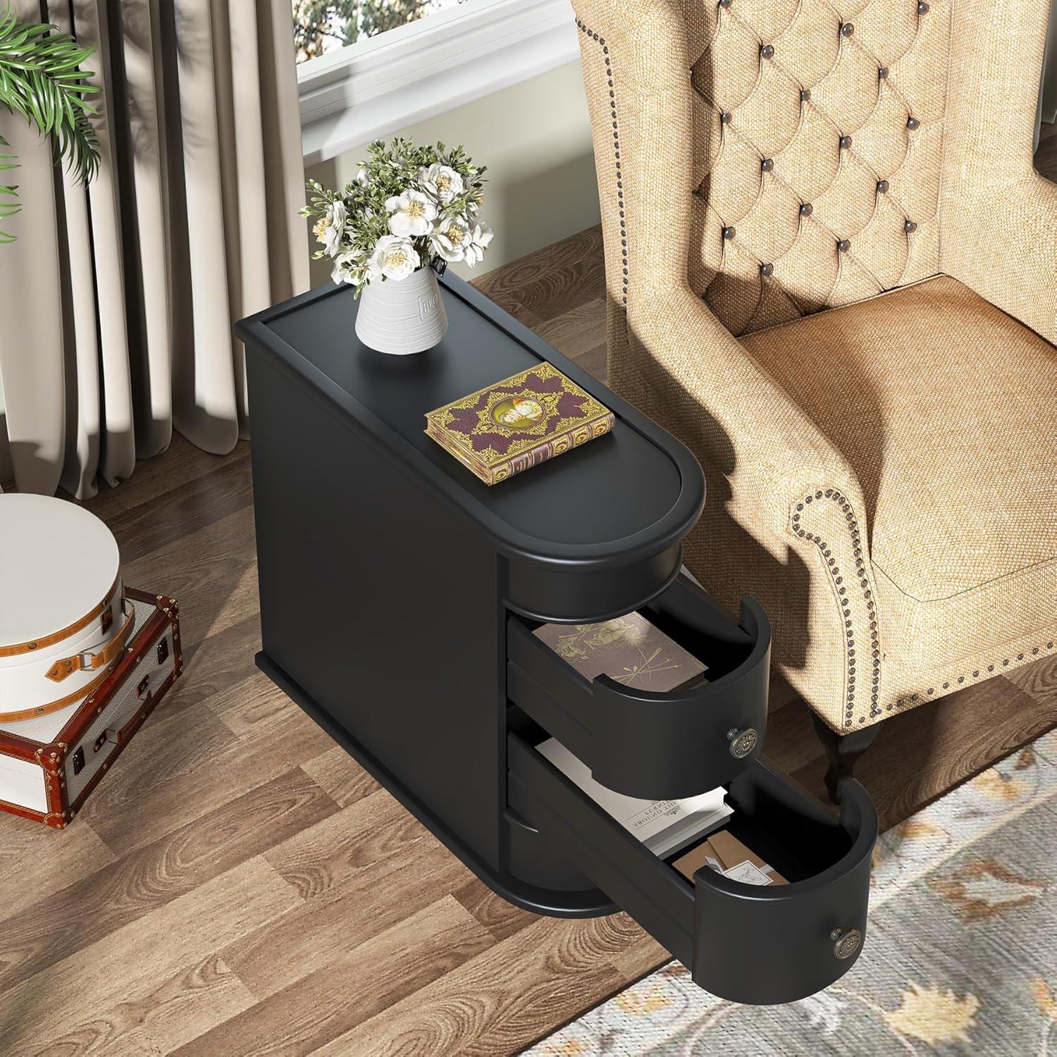 Hommoo Wood Narrow Nightstand with 2 Drawers Black
