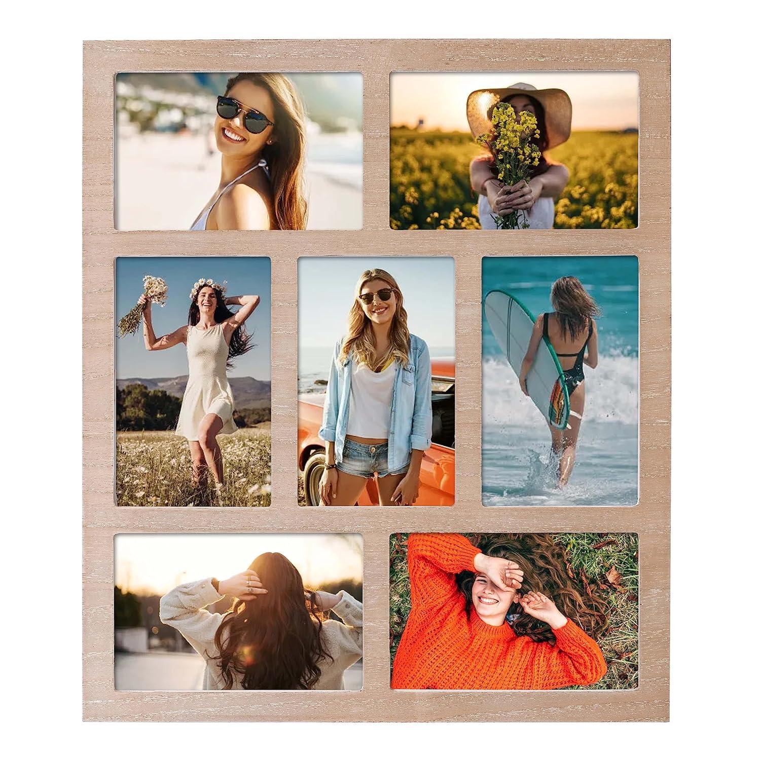 Picture Frame Collage 4x6 Photos Display - 7 Openings Wall Decor for Tabletop Stand and Wall Mounting - Family Gifts Home Decor (Brown)
