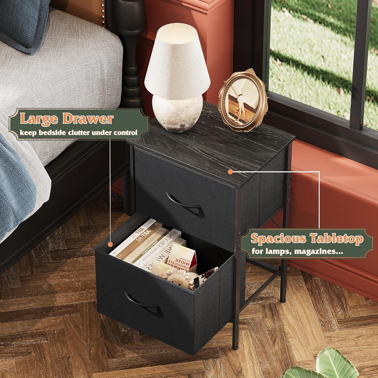 Black Fabric 2-Drawer Nightstand with Steel Frame