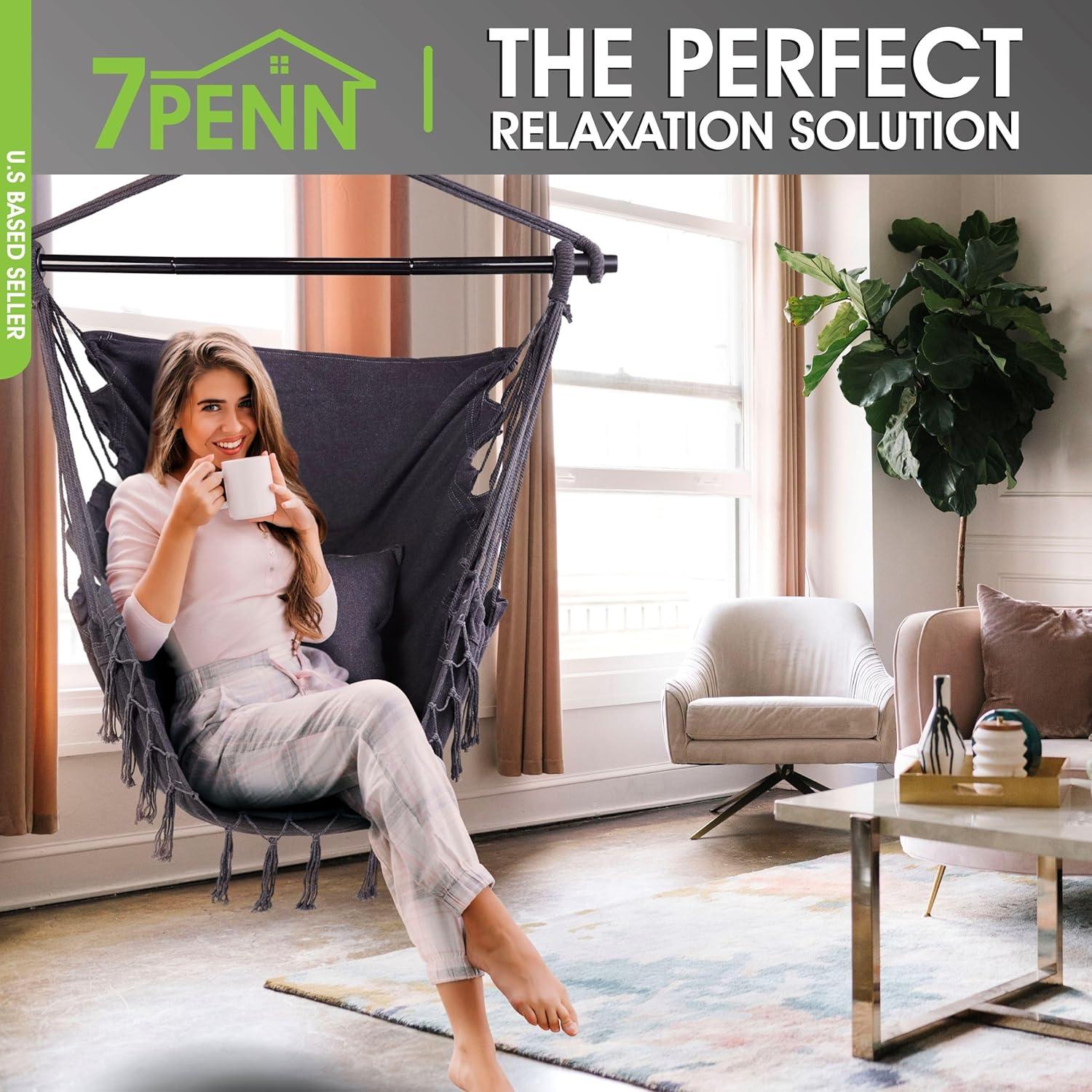 7Penn Hammock Chair Swing - Indoor Outdoor 440lb Max Black Boho Hanging Chair
