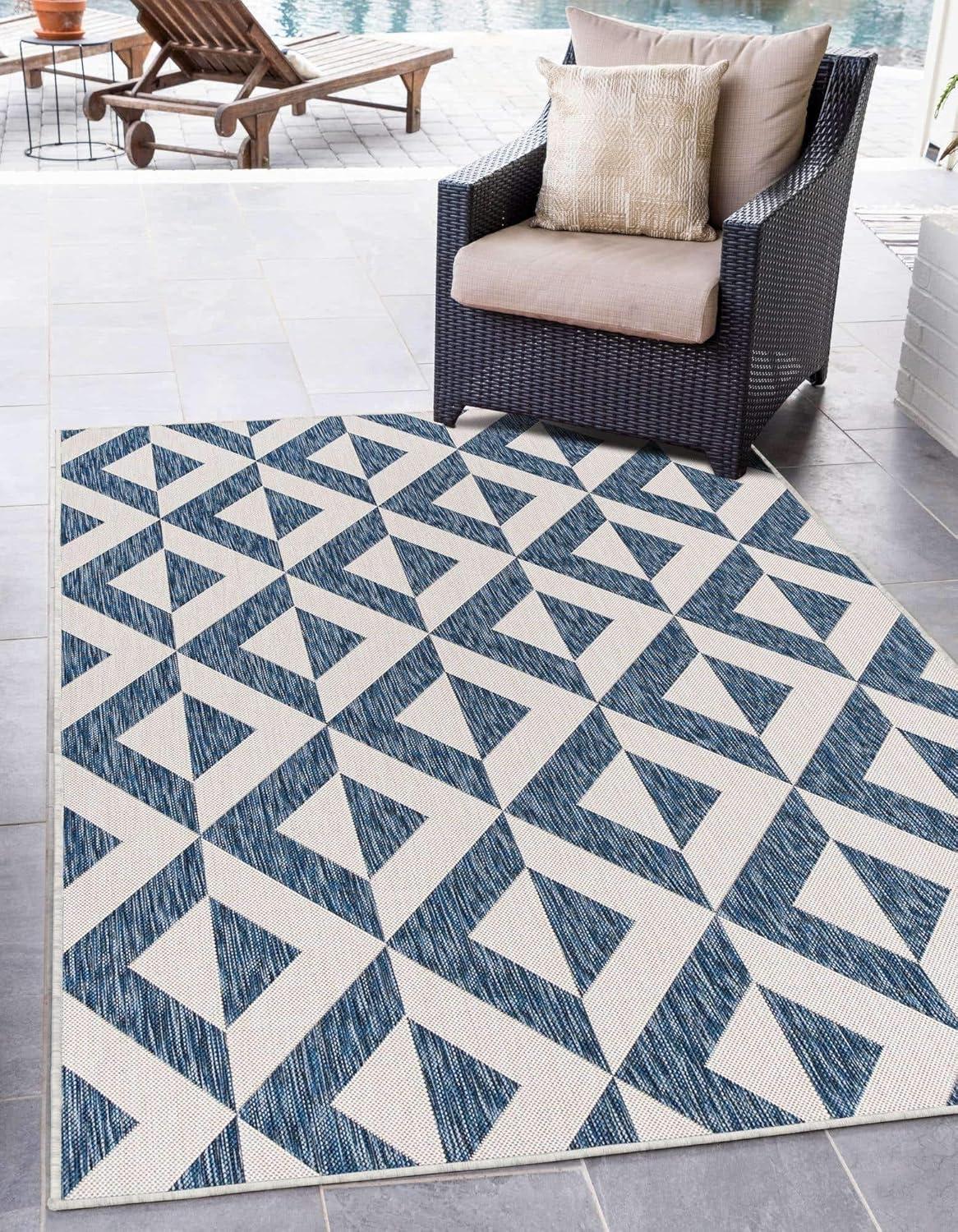 Coastal Blue Geometric 8' x 10' Reversible Outdoor Rug